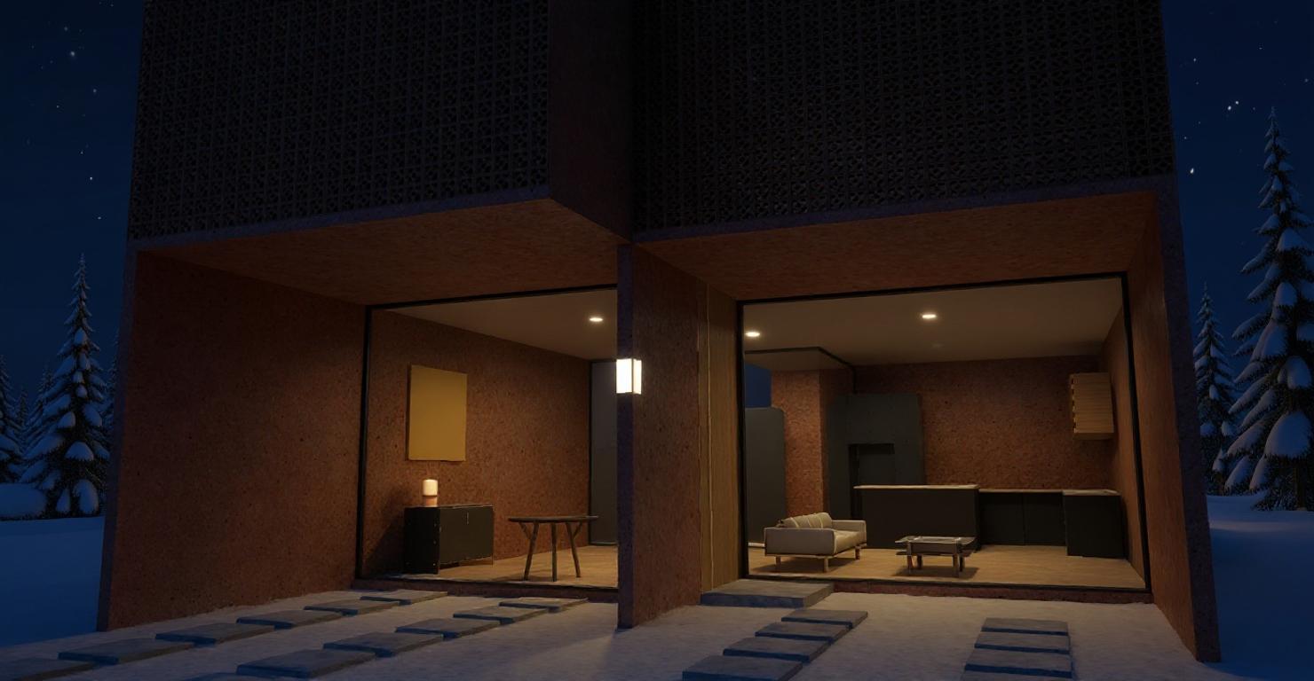 The photo captures a stunning architectural masterpiece at night during winter, evoking a minimalist haven reminiscent of an onsen. The building's facade is crafted from a warm, textured terracotta material with a striking perforated screen detail, juxtaposed against expansive glass walls. Soft interior lighting spills out, illuminating the 'Minimalist, Serene, Uncluttered, Functional, Streamlined, Modern, Elegant, Simple, Monochromatic, Zen-inspired furnishings' within, primarily in shades of white, gray, and subtle pastels. Inside, sleek metal and wooden furniture, free from clutter, and minimal decor create a tranquil atmosphere. A peek into the visible interior reveals an abstract wall art on a light-colored wall, a potential photography book, and strategically placed indoor plants. A pathway of stone slabs leads to the entrance. The rendering's depth of field subtly blurs the background, drawing focus to the architectural forms and the warmth radiating from within. The cold, muted exterior contrasts with the inviting interior, hinting at winter's embrace while promising a cozy retreat.
