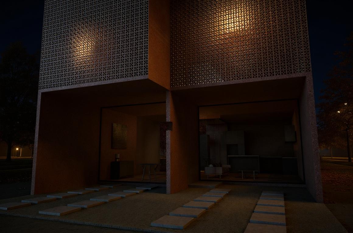 The photo captures an interior view of a minimalist haven at night, radiating an aura of serenity and uncluttered elegance. It is a photography book of an autumn onsen, with the main focus of the image being two connected rectangular structures. Shades of white, gray, and subtle pastels dominate the space, reflecting a Zen-inspired aesthetic. The architectural design employs sleek metal and wooden furniture, with an emphasis on clean lines and functional design. Clutter-free surfaces and minimal decor – including carefully placed abstract wall art and indoor plants – enhance the refined simplicity. The exterior walls are made with patterned, terra-cotta colored breeze blocks. This arrangement of spaces aims to provide a calming, uncluttered environment. The lighting subtly highlights the textures and forms, enhancing the minimalist, modern vibe.
