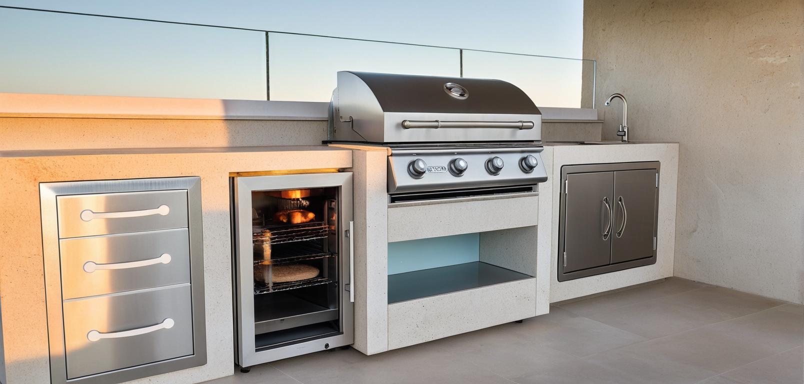 The photo captures a serene, modern outdoor kitchen, bathed in the soft light of a sunrise, evoking the ambiance of a minimalist haven. The design is streamlined and uncluttered, featuring a neutral palette of whites and grays with subtle pastels, reflecting a Zen-inspired aesthetic. The focal point is the integrated outdoor grill and countertop made of a light-toned stone, with sleek stainless steel appliances and storage nestled within the cabinetry. Near the fridge, a 'vivandio' logo is visible, hinting functionality with the ability to store food and beverages, the glass front showcasing a pale blue interior light. The area is set in a clean, modern space. 
