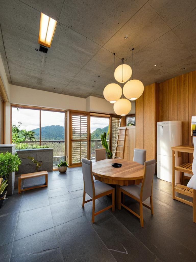 The photo captures a serene interior of a minimalist onsen, embodying a modern haven where simplicity reigns supreme. The layout features open proportions with uncluttered surfaces that draw the eye toward the focal point: a sleek wooden soaking tub bathed in soft natural light filtering through large windows. The atmosphere is tranquil and inviting, with shades of white, gray, and subtle pastel hues creating a gentle backdrop, complemented by abstract wall art that whispers of sophistication. Textures play a significant role, with smooth metal furniture and warm wooden accents harmonizing perfectly to evoke a streamlined elegance. Indoor plants add a hint of life and freshness to the scene, while the carefully selected minimal decor—often just a single piece on a surface—highlights functionality. This interior speaks to its purpose: a space designed for relaxation and rejuvenation, fostering an effortless flow that encourages mindfulness and meditation, inviting you to immerse yourself fully in the moment.