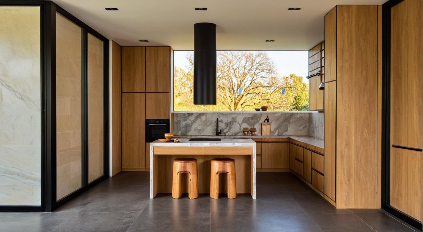 The photo presents a stunning vintage interior design kitchen, bathed in the warm light of a midday spring. The space is meticulously crafted with a blend of natural materials and classic elements, creating a timeless aesthetic, trending on Pinterest. The kitchen design is centred around a striking countertop with a marble-like pattern, adding a touch of luxury, which is contrasted with weathered wooden cabinets featuring recessed panels, hinting at the era and adding a touch of rustic elegance. The dark, modern hood, juxtaposed with the vintage style, immediately catches the eye. Two minimalist stools with soft, light tones are perfectly integrated into the central kitchen island. The expansive wall-to-wall windows infuse the space with an airy sense of openness, allowing ample natural light to illuminate the room and create delicate shadows. The grey, large floor tiles and meticulously selected decorative accessories complete the kitchen's visual appeal, encapsulating the essence of vintage design.
