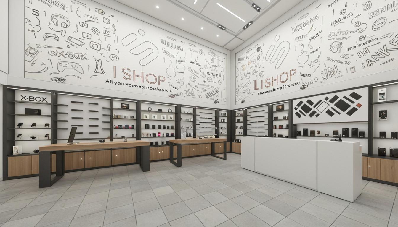 The photo presents a bright, modern interior shot of an "I SHOP" retail space, evoking the feel of a high-end architectural rendering. The scene is dominated by a vast, well-lit space with clean lines and a neutral color palette. The walls feature expansive murals with various drawn symbols, words and logos from notable consumer electronics brands, adding a playful, artistic element. In the center, display counters with sleek wooden surfaces and black metal supports showcase various gadgets and accessories. Surrounding the display counters are tall, glass-fronted display cabinets, offering a glimpse into additional products. The flooring consists of large, grey tiles, creating a sense of spaciousness and contemporary style. Recessed lighting fixtures add to the modern feel, as does the minimalist design of the furnishings. The overall aesthetic suggests a vibrant, well-organized retail environment perfect for showcasing and selling consumer tech items. The lighting throughout is bright and evenly distributed and gives it a clean and attractive look.

