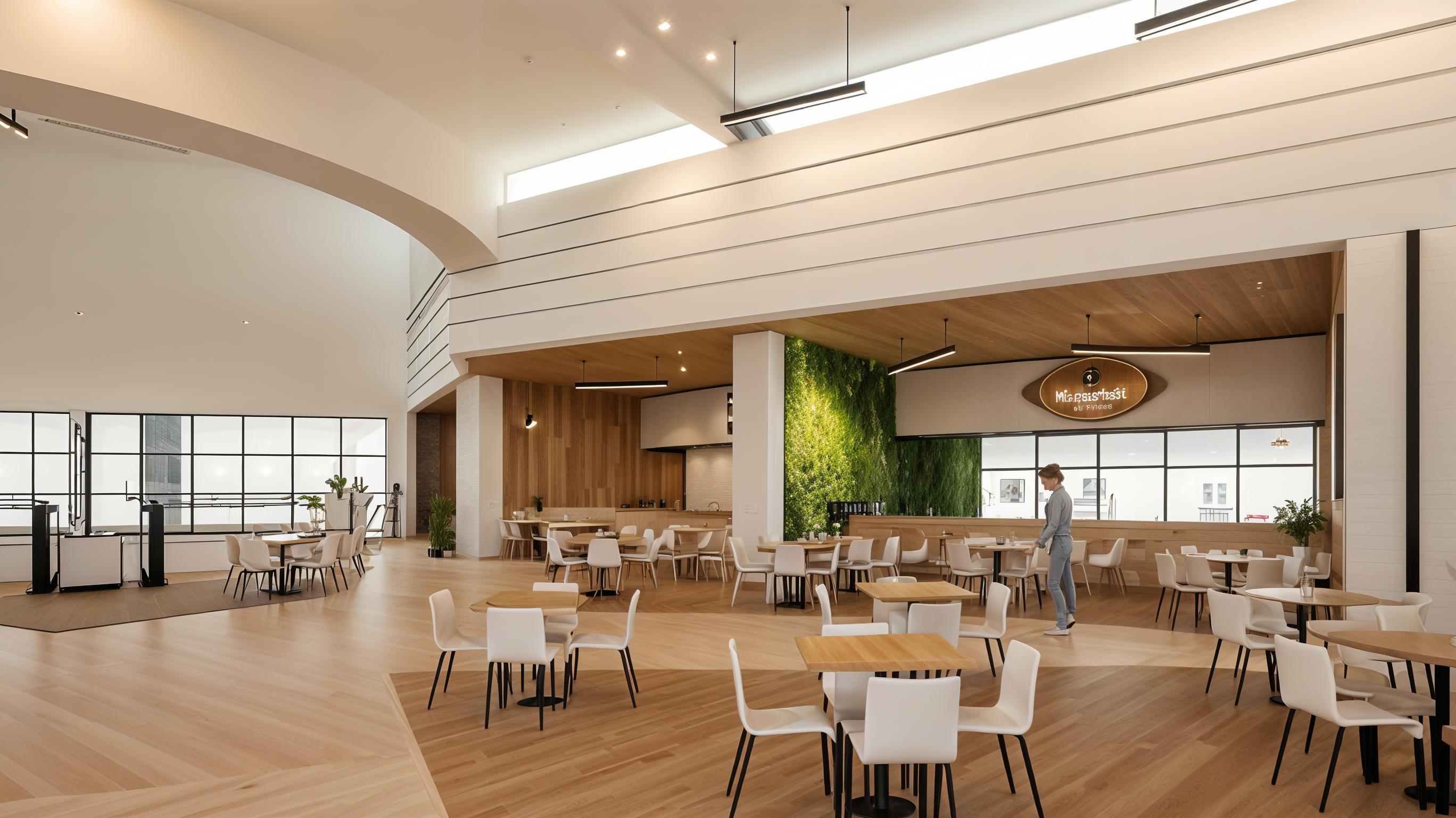 The photo is a captivating interior shot of a trending restaurant, exuding a vintage charm, perfect for Pinterest appeal. The space features a modern, open layout with a combination of light wood flooring and neutral-toned tile, creating a warm and inviting atmosphere. Overhead, the architectural design introduces a unique curvature to the ceiling. Large windows allow natural light to flood the room, illuminating the varied seating arrangements. Tables with light wood tops coupled with stark white chairs create a clean and modern look.  Adorning one wall is a lush green vertical garden, offering a vibrant contrast. The restaurant's logo adds a touch of branding. The overall composition of this vintage interior design captures the essence of a trendy and inviting dining experience.
