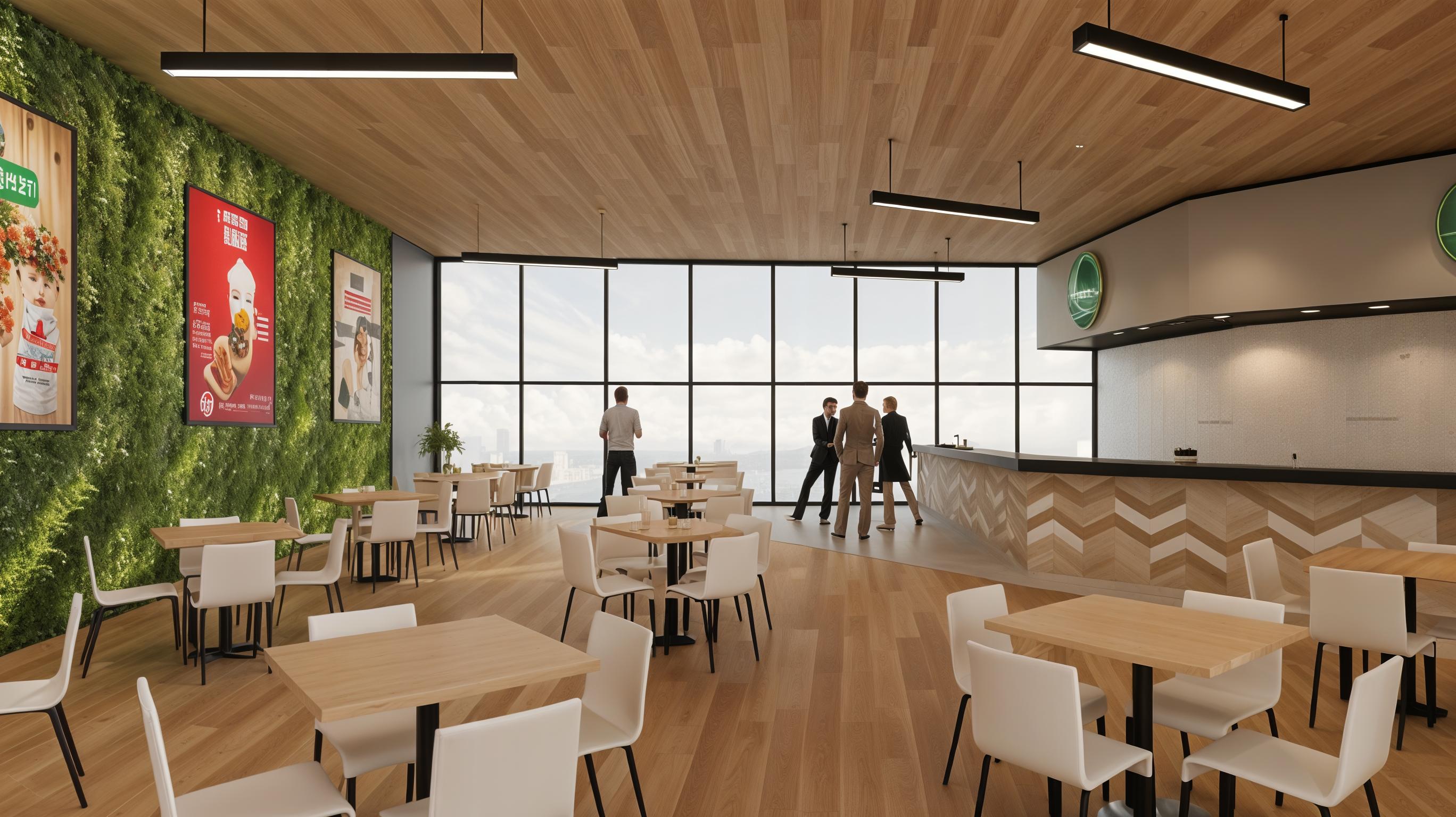 The photo presents a vibrant architectural interior, specifically a restaurant, designed with a sense of vintage charm, making it trending on Pinterest. The space combines modern elements with natural textures and colors. The predominant architectural style is contemporary, with clean lines and a focus on functionality. The ceiling is clad in light wood panels, complementing the light wood flooring, while the walls are adorned with a vertical garden on one side and large windows on the other, allowing ample natural light to filter through. Modern, rectangular light fixtures hang from the ceiling, offering a sleek contrast to the warmth of the wood. Tables with light wood tops and white chairs are scattered throughout the space. A counter with herringbone design adds a touch of design, while the advertisements and branding elements on the wall add to the context. The space is inviting, designed to make customers want to spend more time in the restaurant.
