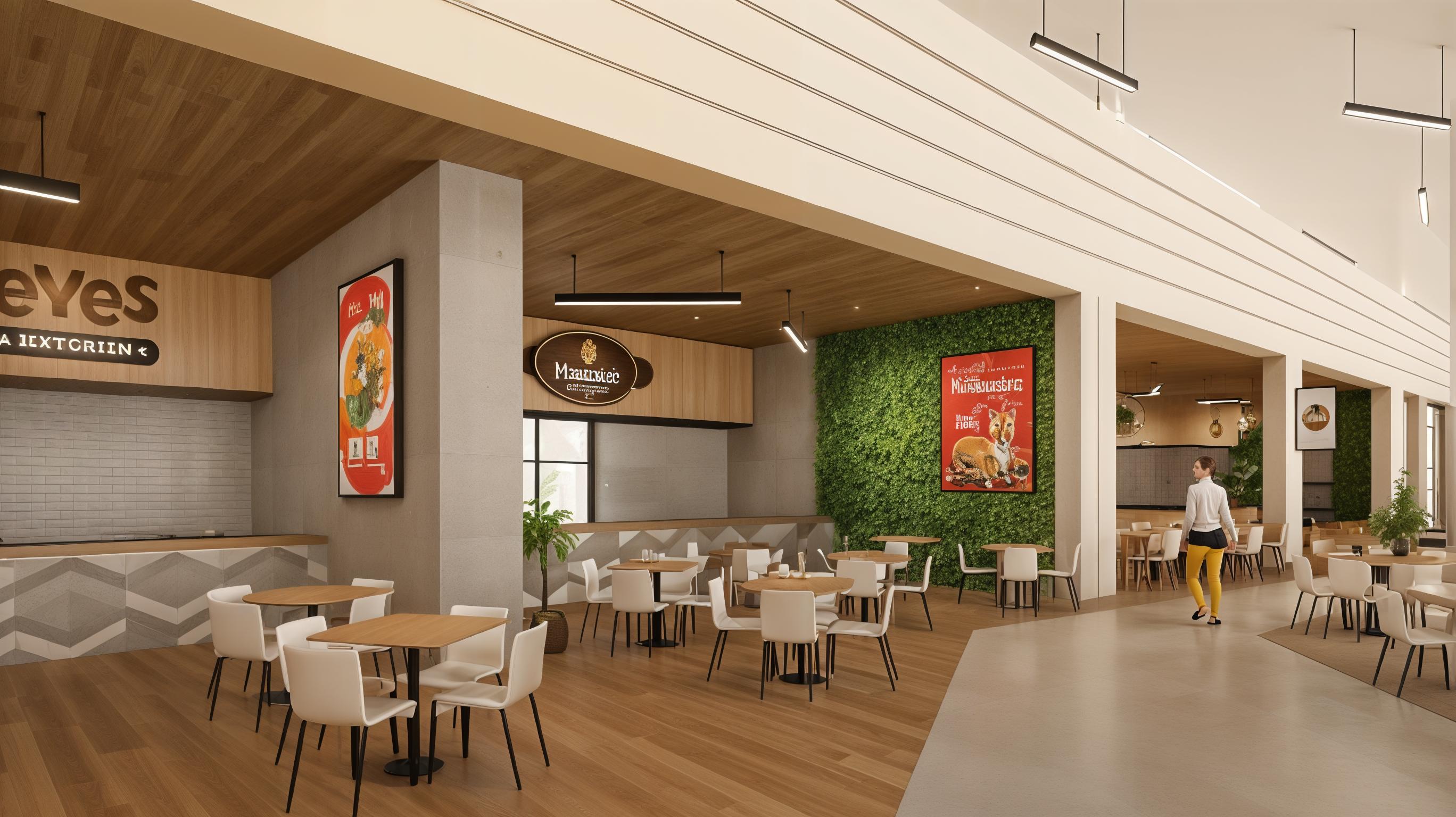 The photo presents a visually appealing architectural composition of a restaurant, exuding a vintage interior design aesthetic, trending on Pinterest. The space is characterized by a warm, inviting atmosphere, created by the use of wood paneling on the ceilings and flooring, which adds a touch of natural warmth. Concrete-colored walls and pillars serve as the structure's neutral base, complemented by eye-catching food stalls featuring various restaurants’ branding. The strategic use of linear lighting adds a modern touch, while a vertical green wall enhances the design. Tables with sleek white chairs are scattered throughout the restaurant to allow guests to dine in comfort. The architectural design clearly harmonizes functionality and a vintage-inspired aesthetics which is reflected in the overall visual and creates an immersive dining experience.
