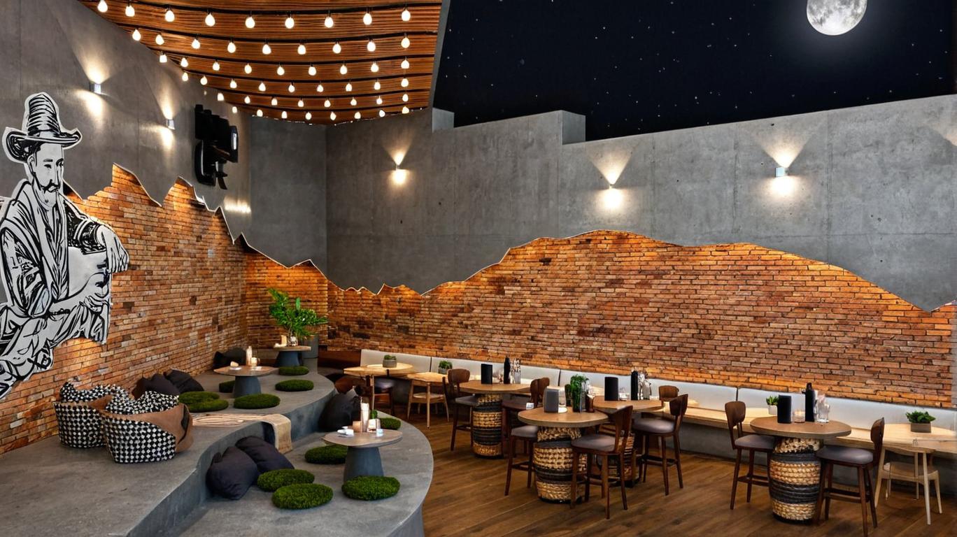 The photo offers an inviting interior view of a unique coffee shop, showcasing a distinctive vintage charm. The design blends rustic elements with modern touches, creating a warm and welcoming atmosphere. The exposed brick wall, accented by a stylishly jagged upper edge with embedded lighting, adds a raw industrial feel. Complementing the brick are polished concrete surfaces for the seating platforms and pathways, adding to the café's contemporary appeal. The lighting, a mix of string lights and wall-mounted fixtures, casts a soft glow, accentuating the night sky visible through the partially open ceiling, complete with a full moon. The seating arrangement includes cushioned floor seating, wooden tables, and barrel-shaped bar stools, further adding to the vintage aesthetic. Rustic wooden details like the flooring and the table tops and wood ceiling paneling bring it all together. Decorated with baskets, cushions, and potted plants, this space is a trending concept for its welcoming, stylish, and comfortable design.
