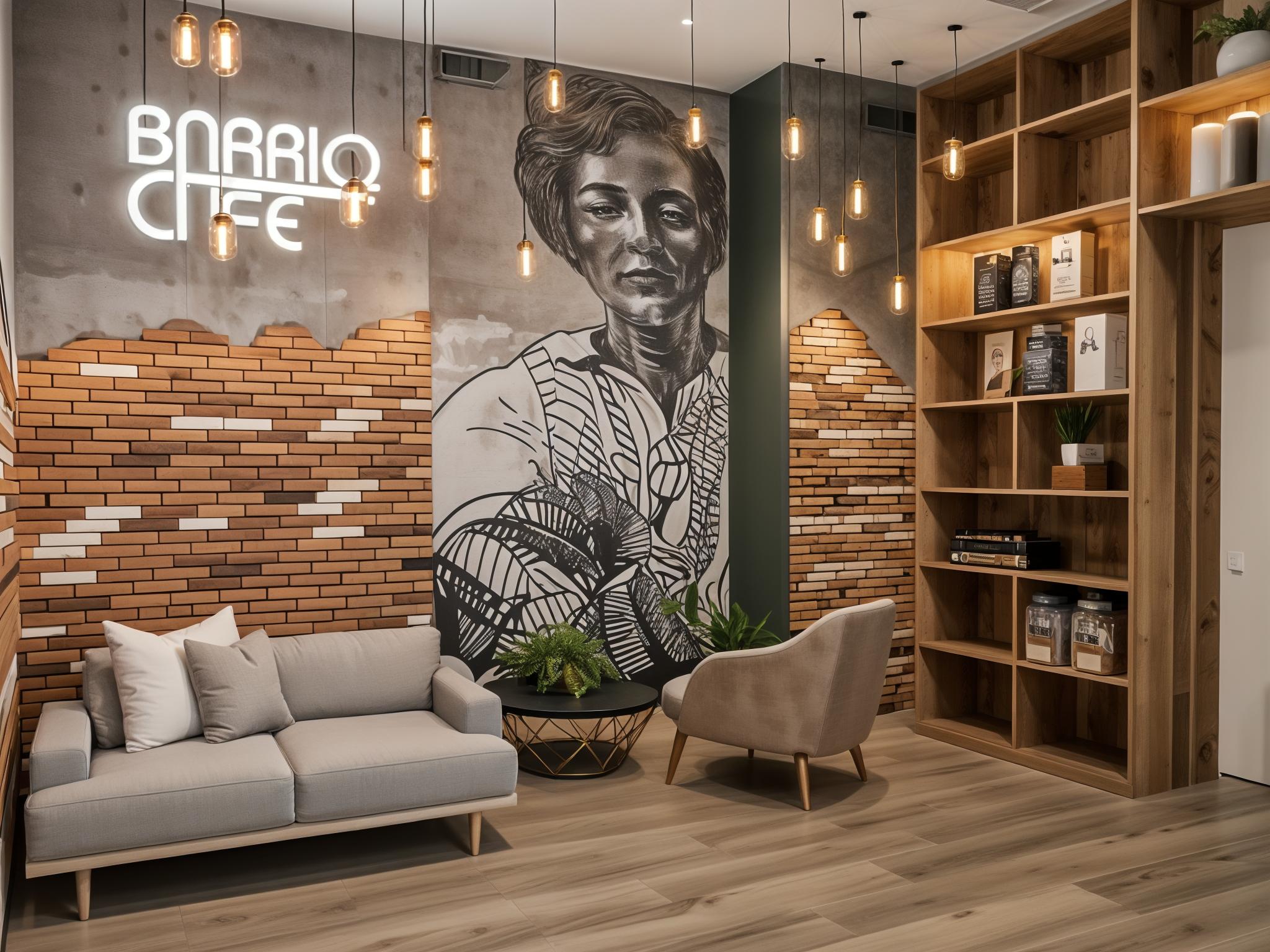 The photo presents a vintage-inspired coffee shop, trending on Pinterest, that artfully merges rustic and modern elements. Brick-textured walls and exposed wood shelving create a welcoming, textured backdrop, punctuated by a large-scale mural that adds a layer of artistic depth. A cozy seating area with a light gray sofa and a single accent chair complements the space, accompanied by a small round table holding greenery that softens the sharp lines. The warm, inviting lighting is achieved through a series of pendant lights and integrated shelf illumination which enhances the coffee shop's ambiance. The overall feel is warm and inviting, seamlessly blending tradition and a contemporary aesthetic.
