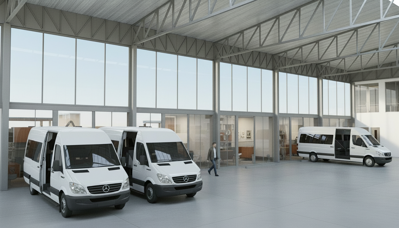 An incredibly lifelike, richly detailed, photorealistic architectural photo of a modern exhibition space set in a bright, daytime urban environment. The scene is illuminated by soft, natural daylight filtering through an open-air structure, creating a welcoming and spacious atmosphere. Captured with a wide-angle lens, emphasizing the expansive grey concrete flooring and the imposing, grey metal truss system supporting a corrugated roof. Three white passenger vans are parked, their doors open, hinting at an active transport hub. The backdrop consists of minimalist, white panels with tall, rectangular glass elements, and beyond, a contemporary building with large windows reveals glimpses of office-like interiors that subtly suggest vintage interior design elements, attracting attention as if trending on Pinterest. The overall composition showcases a functional, yet aesthetically clean design, with a lone figure walking towards the vans, adding a sense of scale and narrative to this exhibition of modern architecture.