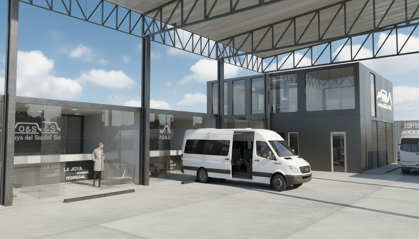 An incredibly lifelike, richly detailed, photorealistic architectural photo of a contemporary multi-use facility, likely an exhibition space, set in a bright, urban environment. The scene is illuminated by a clear, midday sun casting crisp shadows, creating a clean and inviting atmosphere. Captured with a wide-angle lens, emphasizing the industrial aesthetic of the overhanging metal truss roof and concrete ground, balanced by the sleek modernity of the dark-clad and glass-fronted buildings. A white multi-passenger van with its doors ajar is parked centrally, hinting at active use, while a solitary figure enters a translucent-screened area with vintage-style signage. The distant building, exhibiting "COFFEE" signage, suggests a blend of services, and the overall composition, trending on Pinterest, showcases a juxtaposition of utilitarian structure and subtle interior design hints, with a focus on the interplay of light, shadow, and reflective surfaces.