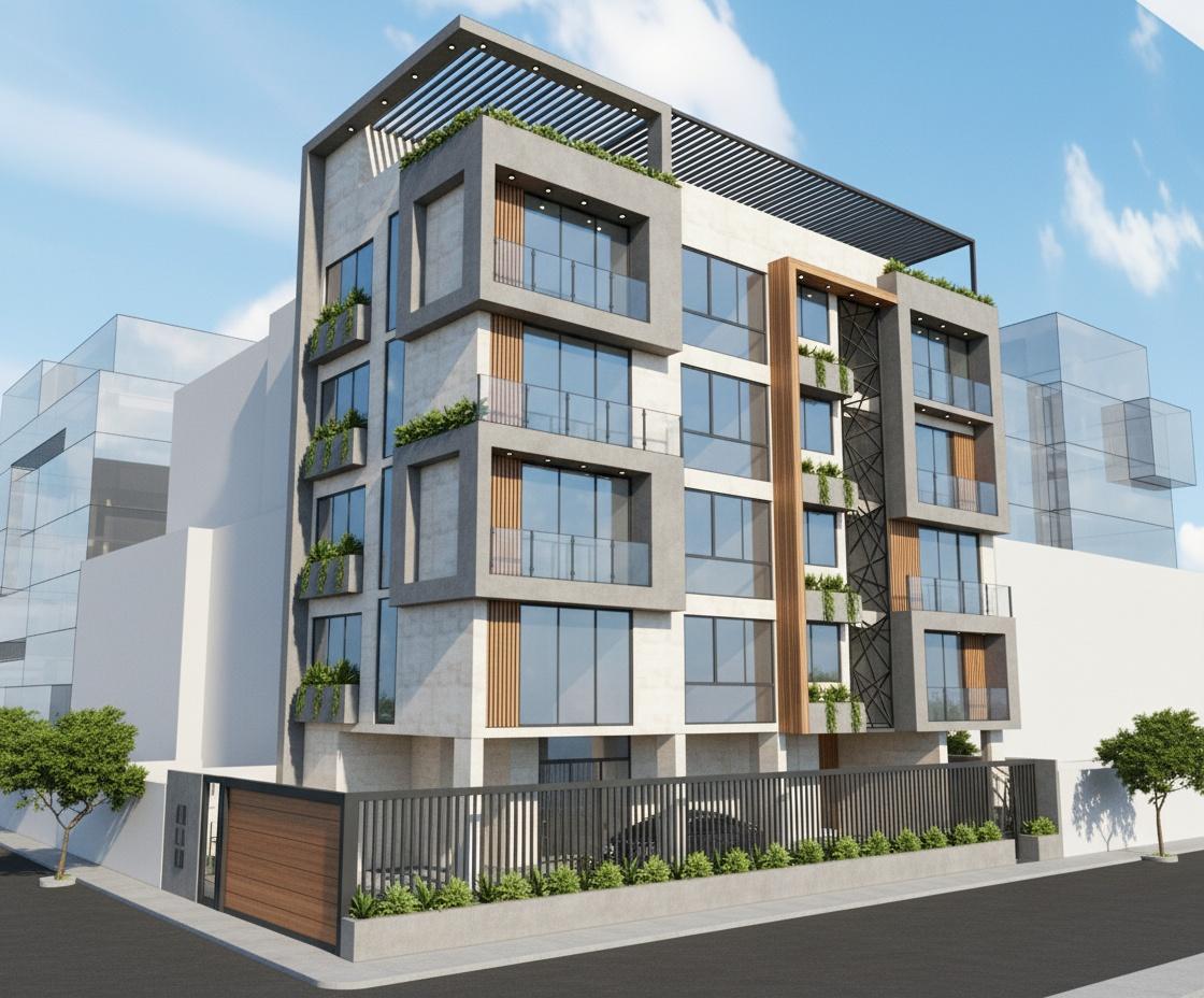 An incredibly lifelike, richly detailed, photorealistic architectural photo of a modern apartment building exterior set in a bright, daytime urban environment. The scene is illuminated by clear, natural sunlight, creating crisp shadows and a vibrant atmosphere. Captured with a medium-wide angle lens, emphasizing the building's contemporary cubic volumes and the interplay of materials like textured concrete, polished stone, sleek glass, and warm wood accents. The composition highlights the building's staggered balconies adorned with lush greenery and the dark, slatted roof overhang. A black wrought-iron fence encloses the property, featuring a prominent wooden gate and manicured shrubbery along the sidewalk. The street in the foreground is asphalt, and a lone car is visible parked behind the fence. The building's façade is punctuated by large, floor-to-ceiling windows that reflect the brilliant blue sky dotted with fluffy white clouds. The overall impression is one of sophisticated urban living, clean lines, and a harmonious integration of nature with architecture, trending heavily on Pinterest for its aspirational aesthetic.