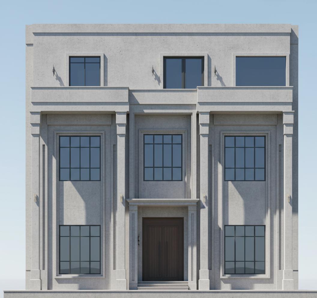 An incredibly lifelike, richly detailed, photorealistic architectural photograph of the front elevation of a vintage residential concrete villa, captured at midday during a bright spring day. The scene is illuminated by direct, crisp sunlight, casting sharp shadows and highlighting the textured imperfections of the concrete facade, creating a timeless and slightly weathered atmosphere. Captured with a wide-angle lens, emphasizing the solid, geometric form of the villa against a clear, pale blue sky, the composition showcases the house as the sole subject, devoid of any surrounding structures or intervening art. The architectural style speaks to a mid-century modern aesthetic with clean lines and a sense of enduring solidity. Subtle details like the interplay of light and shadow on the geometric planes, the implied coolness of the concrete, and the absence of any greenery suggest a deliberate, almost stark elegance. The perspective draws the viewer's eye directly to the entrance and the inviting, yet restrained, presence of the home.