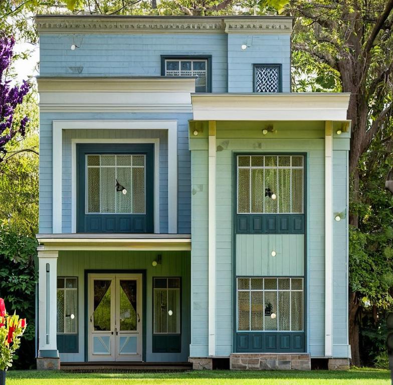 The photo captures the charming exterior of a vintage house bathed in the warm, diffused sunlight of a spring midday. The weathered wooden siding, painted a soft, faded blue, exudes a timeless appeal, suggesting a history etched into its very surface. The architectural style, hinting at a classic farmhouse aesthetic, is enhanced by the carefully manicured landscaping, fresh green grass, and vibrant blooming flowers in various hues, adding a pop of color against the subdued tones of the house. A vintage porch swing hangs invitingly from the shaded porch, and a glimpse inside reveals a glimpse of vintage interiors, with hints of floral patterns and antique furniture, reflecting a trending aesthetic on Pinterest. The composition of the photograph is meticulously balanced, with the house centered and framed by the surrounding greenery, creating a sense of tranquility and idyllic living, the overall feeling is peaceful and inviting. The elevation would be an eye-level perspective.
