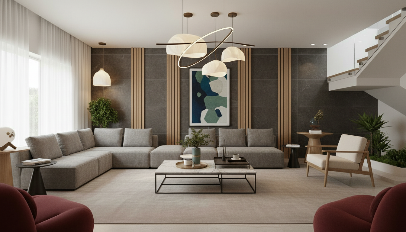 An incredibly lifelike, richly detailed, photorealistic interior photo of a spacious living room set in a modern home during a bright summer midday. The scene is illuminated by a combination of natural light streaming through sheer drapes and the warm glow of ambient lighting, creating a sophisticated and inviting atmosphere. Captured with a wide-angle lens, emphasizing the expansive layout and the interplay of textures, the rendering showcases a vintage-inspired interior design, trending on Pinterest. The focal point is a luxurious cream sofa with soft curves, complemented by two plush, deep red accent chairs that add a pop of color and opulence. A distinctive feature is the textured wooden wall paneling forming a backdrop, adorned with circular decorative elements that echo the warmth of the natural materials. Two tiered, organic-shaped coffee tables, one crafted from light wood and the other with a marble top, sit at the heart of the seating arrangement, adorned with minimalist decor. Overhead, three voluminous, cloud-like pendant lights cast a soft radiance. The space seamlessly transitions to a staircase with a glass railing, hinting at an upper level. Lush greenery from potted plants is strategically placed, adding a touch of nature and completing the tranquil yet elegant ambiance.