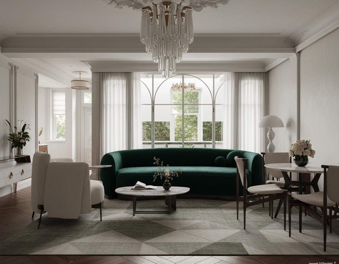 An incredibly lifelike, richly detailed, photorealistic interior photo of a living room set in a vintage, elegant apartment. The scene is illuminated by a combination of soft ambient light from sheer curtains and the dramatic glow of a tiered crystal chandelier, creating a sophisticated and inviting atmosphere. Captured with a wide-angle lens that emphasizes the spaciousness and architectural details like ornate ceiling moldings and wainscoting, the image highlights the rich textures of velvet upholstery, polished wood floors, and the intricate patterns of a new abstract rug. The original furniture has been replaced with a deeper, jewel-toned emerald velvet sofa, paired with two contrasting armchairs upholstered in a subtle, textured boucle fabric in a soft cream shade. A contemporary, low-profile marble coffee table with a dark, thin base sits at the center, anchoring the seating area. Adjacent, a round dining table with a matte black base and a white marble top is surrounded by four minimalist yet sleek dining chairs featuring dark wood frames and upholstered cream seats. The revamped space maintains its vintage charm while embracing modern design sensibilities, offering a balanced and harmonious composition that feels both grand and intimate, perfect for quiet contemplation or lively gatherings.