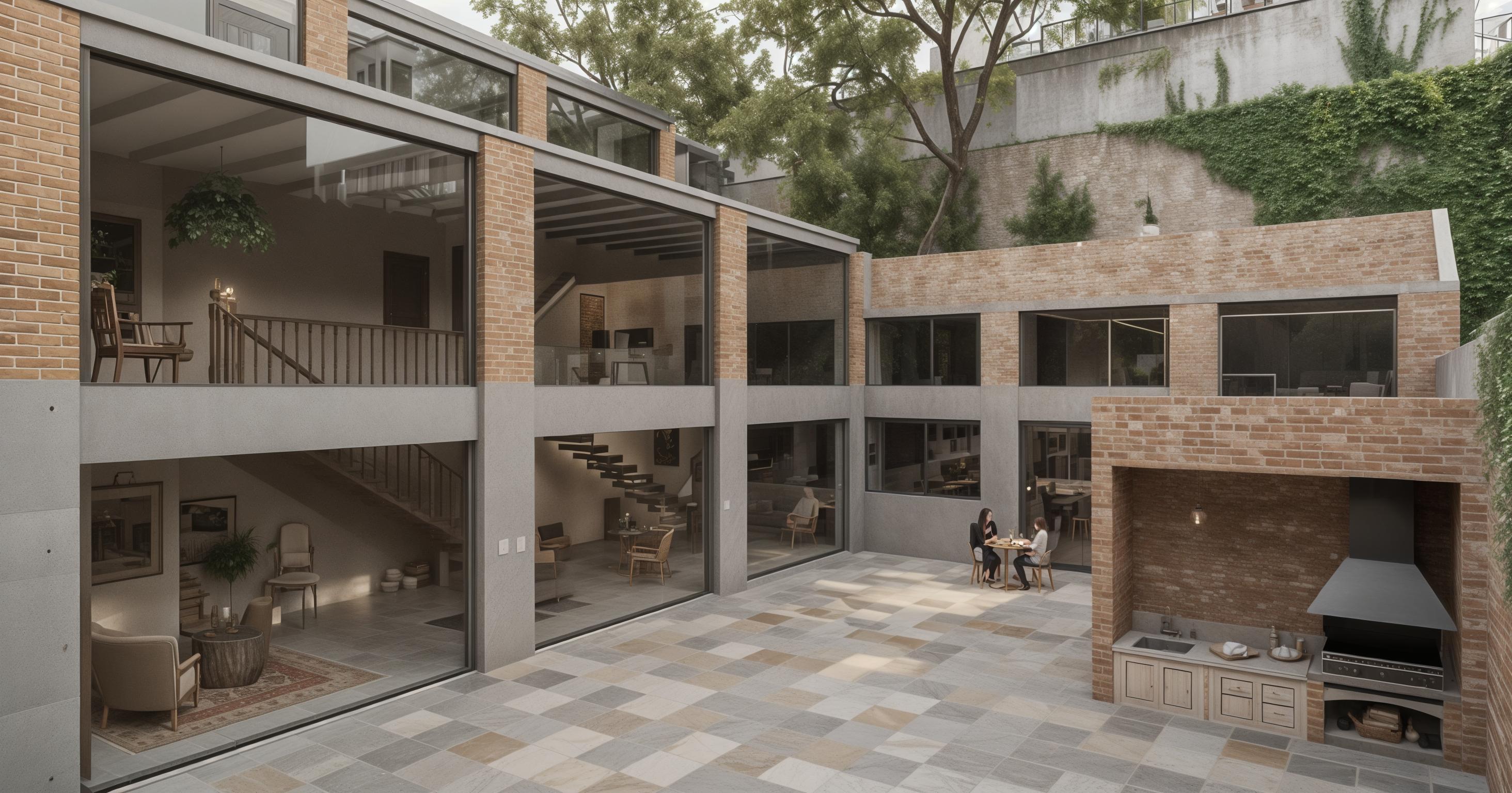 An incredibly lifelike, richly detailed, photorealistic exterior architectural photograph of a multi-story modern house with vintage interiors, set in a muted urban environment. The scene is illuminated by diffuse daylight, creating a slightly overcast but bright atmosphere, perfect for showcasing the building's materials and form. Captured with a wide-angle lens, emphasizing the interplay of the warm, red brick facade against the sleek, cool marble accents and expansive glass windows. The composition draws the eye across the building's angular structure, highlighting the internal staircase visible through one set of windows and the outdoor kitchen area with its prominent brick barbecue and cabinetry. The rendering, trending on Pinterest for its sophisticated blend of old and new, suggests a vintage interior design within the expansive, glass-enclosed spaces, hinting at a refined and comfortable living environment. People are casually present, adding a sense of scale and liveliness to the scene, interacting with the outdoor amenities or simply enjoying the architectural presence of the home.