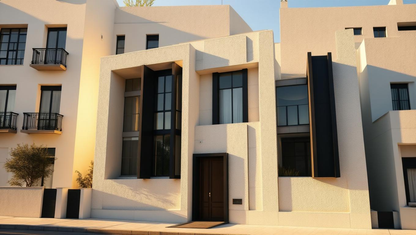 The photo presents a striking architectural facade exuding vintage charm, trending on Pinterest with its appeal. Bathed in the warm glow of late afternoon sunlight, the building showcases a clean, minimalist design with a dominant use of LADRILLO, lending a distinctive textured character to the exterior walls. The structure features a central recessed entryway framed by dark, sleek window and balcony elements, hinting at vintage interior design elements. The overall composition is balanced and refined, suggesting a luxurious urban residence. The subtle play of light and shadow accentuates the building's verticality and the inherent elegance of the materials, making it a captivating study in architectural finesse.
