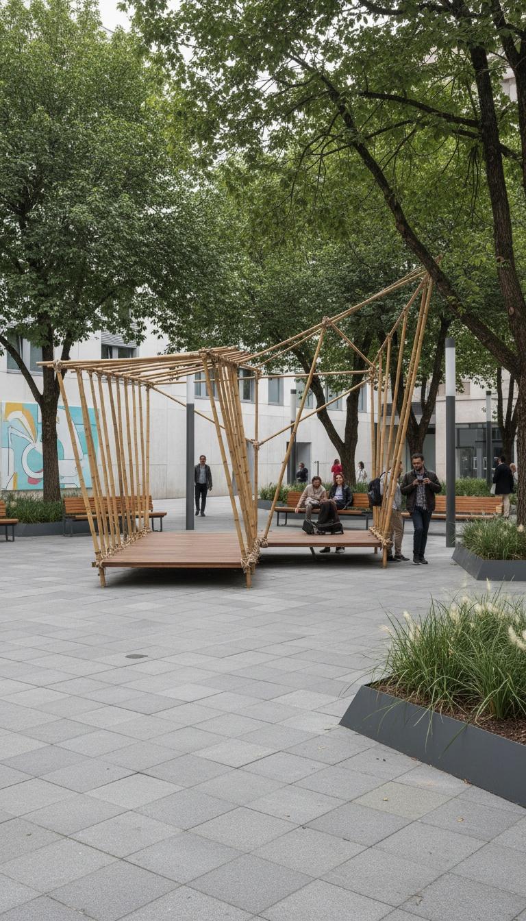 An incredibly lifelike, richly detailed, photorealistic architectural photograph of an ephemeral urban pavilion constructed from *guadua* (bamboo) with traditional lashing systems. The structure is seen at real scale, its natural bamboo textures and visible joinery exuding an organic yet precise craftsmanship. It stands proudly in a contemporary urban plaza paved with elegant paving stones, embraced by mature, real trees, and complemented by sleek urban furniture like benches and modernist luminaires, interspersed with ornamental vegetation. Realistic, full-scale people are present, milling about, seated on benches, and observing the pavilion, their presence underscoring the building's human scale and inviting interaction. The scene is illuminated by realistic midday natural light, casting soft, gentle shadows and establishing a serene, uncluttered, and contemporary urban atmosphere. Captured with a photographer's eye for detail, the image emphasizes the natural textures of the *guadua* and the clean lines of the surrounding urban fabric, evoking a minimalist haven with subtle pastels and shades of white and gray, reminiscent of a Zen-inspired design within a photography book, where abstract wall art might adorn nearby structures, and sleek metal and wooden furniture offers functional elegance in this clutter-free, modern environment.