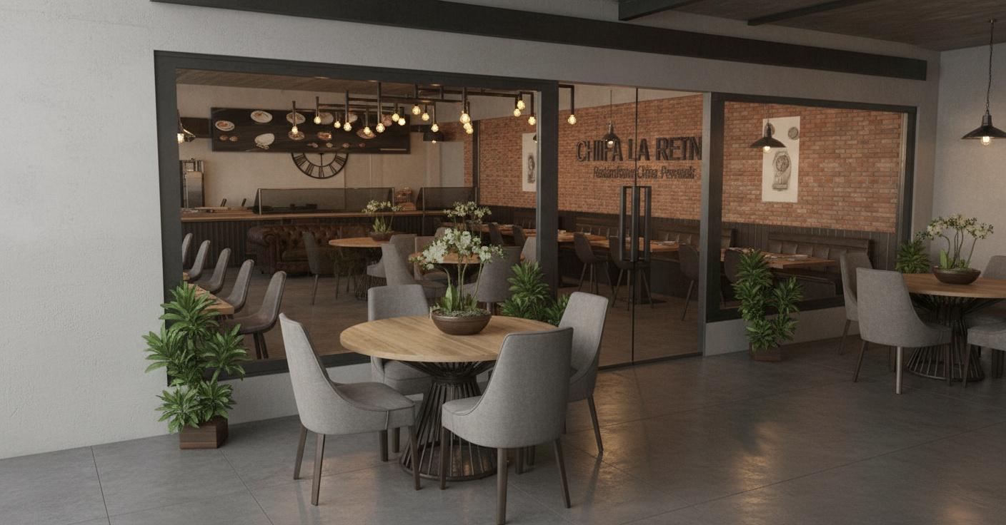 An incredibly lifelike, richly detailed, photorealistic interior photo of a spacious industrial loft restaurant set in an urban environment. The scene is illuminated by a mix of ambient overhead lighting and a warm internal glow, creating a welcoming yet raw atmosphere. Captured with a wide-angle lens, emphasizing the rugged textures of concrete flooring and exposed brick walls, the rendering showcases a dining area furnished with a vintage leather sofa and a large wall clock. The color palette is dominated by shades of black, gray, and rust. Metal and reclaimed wood furniture contribute to the loft aesthetic, with exposed beams and ductwork overhead. The overall impression is one of a repurposed architectural space, offering a comfortable and stylish dining experience with a distinctly industrial feel.