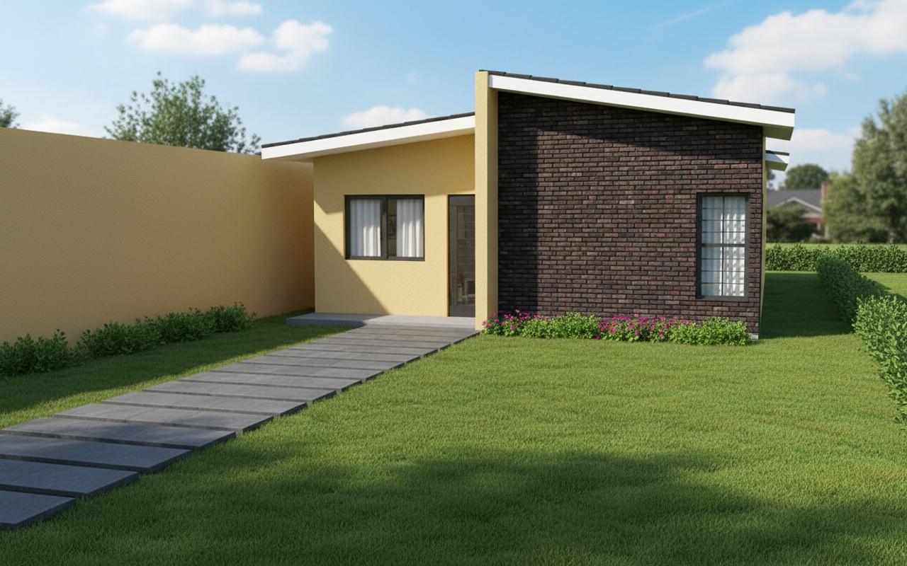 An incredibly lifelike, richly detailed, photorealistic architectural photo of a charming, single-story house exterior set in a bright midday summer environment. The scene is illuminated by clear, bright sunlight, creating a warm and inviting atmosphere. Captured with a wide-angle lens, emphasizing the contrast between the warm, buttery yellow walls and the rich, textured dark brick facade. The house features a distinctive, modern-angled roofline with clean white soffits, and its prominent brick accent wall adds a touch of vintage character. A neatly laid path of dark stone pavers leads to the entrance, bordered by lush green lawn and a simple garden, suggesting a well-maintained property. The windows, framed in dark, minimalist casings, offer glimpses of a subtly vintage interior, hinting at a cozy and thoughtfully designed living space. The overall composition is clean and aspirational, reminiscent of trending interior design aesthetics found on Pinterest, conveying a sense of peaceful suburban living.