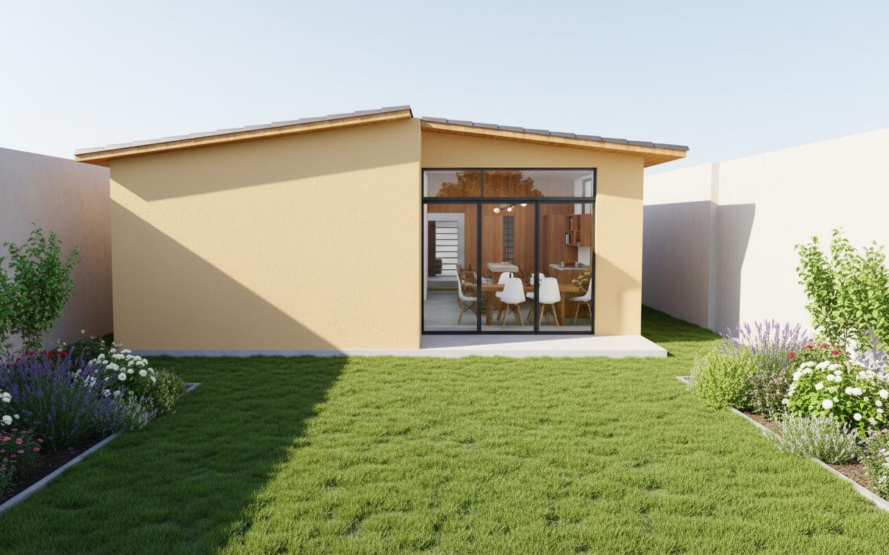 An incredibly lifelike, richly detailed, photorealistic architectural photo of a modern house exterior with a vintage interior, set in a summery environment with a perimeter wall, lush green lawn, and manicured gardens. The scene is illuminated by bright midday sun, casting crisp shadows and highlighting the warm, sandy yellow of the stucco walls, contrasted by the dark trim of the large glass doors and windows. Wood-paneled accents on the exterior and subtle hints of wood and classic furnishings visible through the glass doors evoke a vintage interior design. Captured with a wide-angle lens, it emphasizes the clean lines of the single-story structure and its seamless integration with the surrounding greenery, creating a serene and inviting atmosphere. The composition draws the eye towards the open interior space, suggesting a casual yet sophisticated lifestyle trending on Pinterest.