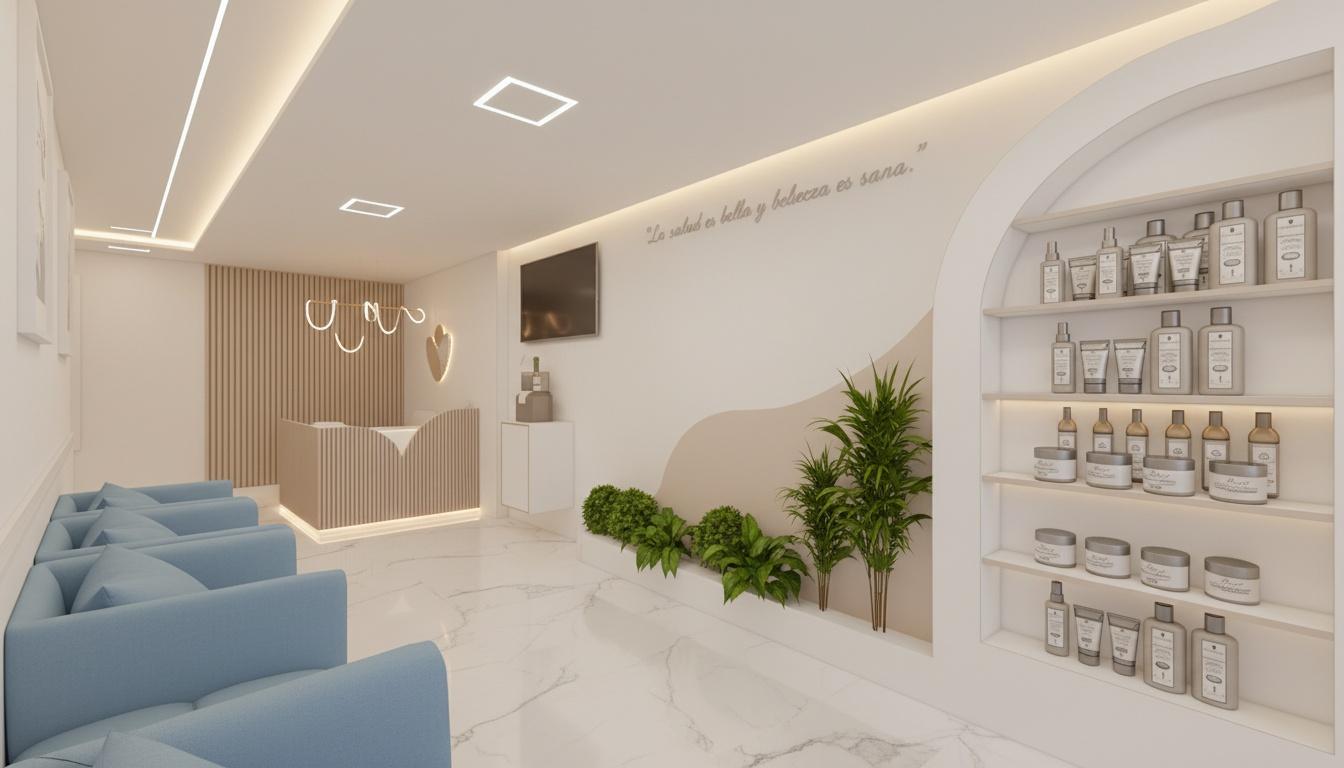 An incredibly lifelike, richly detailed, photorealistic interior photo of a waiting area and reception of a health and beauty clinic, set within a modern yet softly vintage-inspired exhibition space, trending on Pinterest. The scene is illuminated by soft, diffused lighting from recessed ceiling panels and cove lighting along the ceiling's edge, creating a serene and welcoming atmosphere. Captured with a wide-angle lens, emphasizing the elegant blend of textures and clean lines. The polished white marble floor with subtle grey veining reflects the light beautifully, leading the eye towards a contemporary reception desk with a scalloped design, backed by vertical wooden slats. To the left, a series of comfortable, sky-blue upholstered sofas suggest a waiting area, their plush texture contrasting with the smooth floor. Adorning the right wall is a large, arched built-in shelf unit, showcasing an array of cosmetic bottles and jars in minimalist packaging, hinting at a curated retail experience. Above the shelves, a subtle, embossed quote in elegant script reads, "La salud es bella y la belleza es sana," reinforcing the clinic's holistic approach. Lush green plants are strategically placed, adding a touch of vibrant life to the pristine white and natural wood palette, further enhancing the soothing and upscale ambiance. The composition draws the viewer