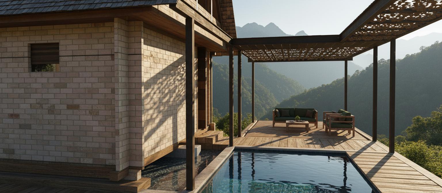 An incredibly lifelike, richly detailed, photorealistic architectural photo of a cozy mountain escape, reminiscent of a photography book. The scene is illuminated by soft, natural sunlight filtering through a latticed pergola, creating a warm and inviting atmosphere with dappled shadows across the wooden deck and inviting pool. Captured with a wide-angle lens, emphasizing the interplay of textures and materials, the rendering showcases a building with rugged, light-colored brickwork contrasted with rich, dark wooden eaves and sturdy black support beams. The foreground features a tranquil, clear blue plunge pool, bordered by an expansive wooden deck. Beyond the pool, the scene transitions to an outdoor living space under a uniquely patterned, shaded pergola, hinting at comfortable seating and a connection to the natural surroundings. The composition draws the eye from the cool water to the warm wood and textured brick, evoking a sense of natural comfort and sophisticated rusticity, perfect for an alpine retreat with mountain range wall art and shades of deep greens, browns, and warm neutrals.