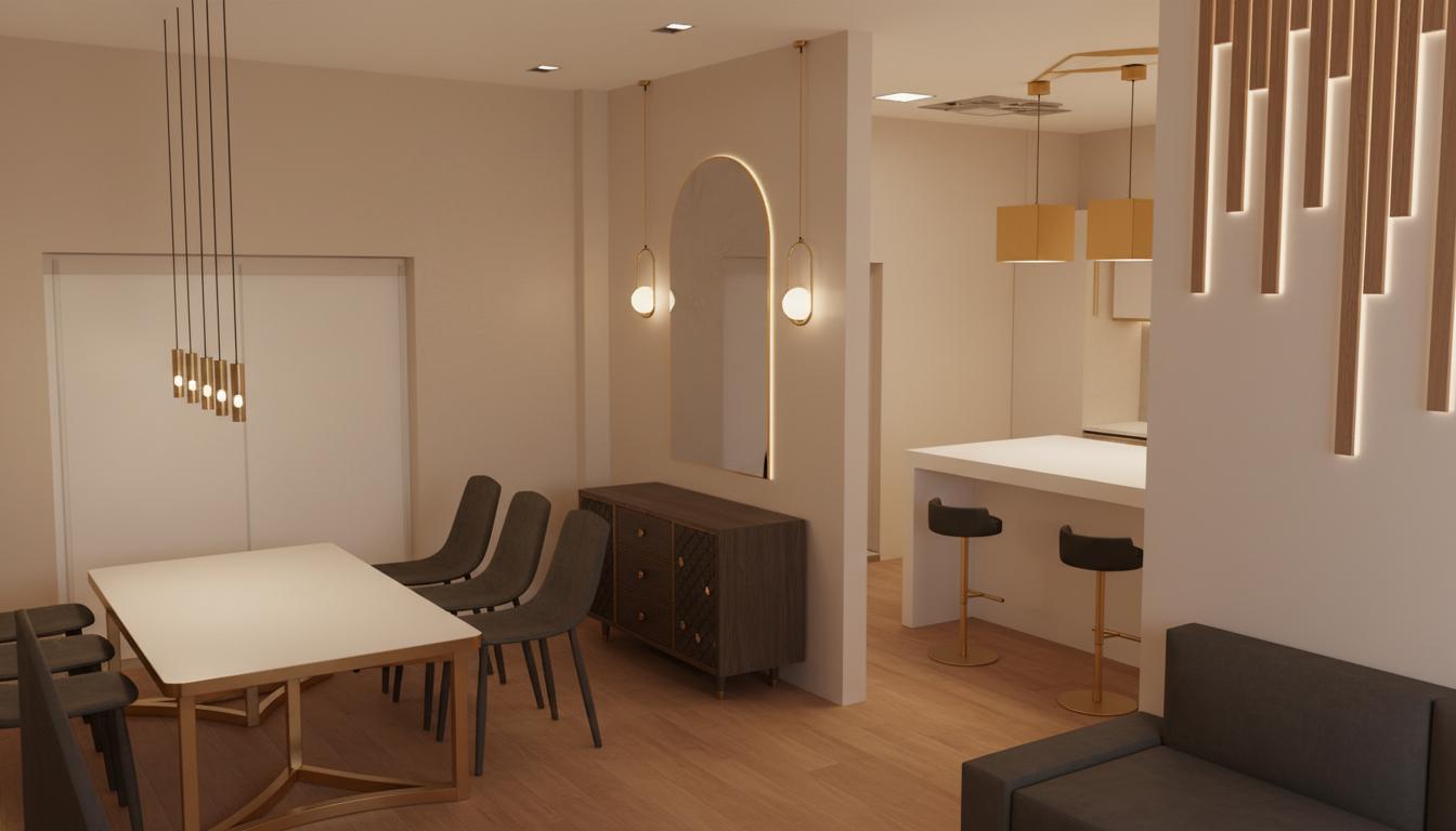An incredibly lifelike, richly detailed, photorealistic interior photo of a living and dining space with a distinct vintage aesthetic, trending on Pinterest. The scene is illuminated by a soft, ambient light that suggests late afternoon or early evening, creating a warm and inviting atmosphere. Captured with a wide-angle lens, emphasizing the open-plan layout and the interplay of vintage furniture and modern finishes. The dining area features a sleek, gold-framed table paired with dark, upholstered chairs, all under a striking linear pendant light with brass accents. Adjacent, a dark, ornate sideboard with diamond tufting stands beneath an arched wall niche adorned with two delicate, globe pendant lights. The view opens to a contemporary kitchen, highlighted by a crisp white island with two minimalist bar stools and striking gold cube pendant lights overhead. The overall color palette is dominated by warm neutral tones, with highlights of brass and deep wood, contributing to the sophisticated yet cozy vintage interior design.