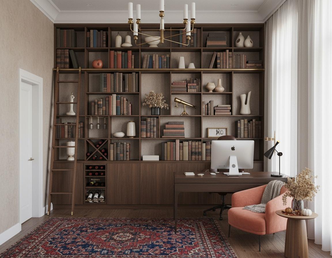 An incredibly lifelike, richly detailed, photorealistic interior photograph of a vintage study room, designed to exude comfort and sophistication, trending on Pinterest. The scene is illuminated by a soft, ambient light filtering through sheer curtains, creating a warm and inviting atmosphere. Captured with a wide-angle lens, emphasizing the seamless integration of a floor-to-ceiling dark wood bookshelf unit, filled with a curated collection of vintage books and decorative objects, including ceramic vases and a telescope, against a backdrop of a textured, neutral wall. The composition masterfully draws the eye towards a classic dark wood desk, adorned with a modern computer monitor and a sleek black desk lamp, while a plush, coral-colored armchair and a round, wooden side table with fall-themed decorative accents enhance the room's cozy, vintage interior design. A richly patterned Persian rug grounds the space, its intricate details a perfect complement to the dark wood flooring, all hinting at a timeless and serene workspace.