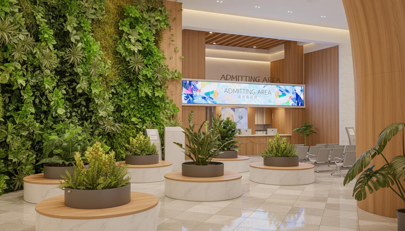 An incredibly lifelike, richly detailed, photorealistic interior photo of an exhibition space set in a modern, warmly lit environment. The scene is illuminated by soft, diffused overhead lighting, creating a welcoming and sophisticated atmosphere. Captured with a medium-wide lens, emphasizing the abundant textures of natural wood paneling, the intricate patterns of the green living wall, and the reflective quality of the patterned floor tiles, the rendering showcases a beautiful blend of organic and architectural elements. The composition draws the eye towards a prominent digital display board indicating "ADMITTING AREA" in both English and Chinese, surrounded by vibrant graphics. Throughout the space, elegantly designed circular seating platforms with marble bases and light wood tops are interspersed with lush potted plants, adding a touch of nature and color without overpowering the carefully curated vintage aesthetic. The overall impression is one of calm, efficiency, and contemporary elegance, an exhibition space that feels both grounded and forward-thinking, trending on Pinterest for its unique design sensibility.