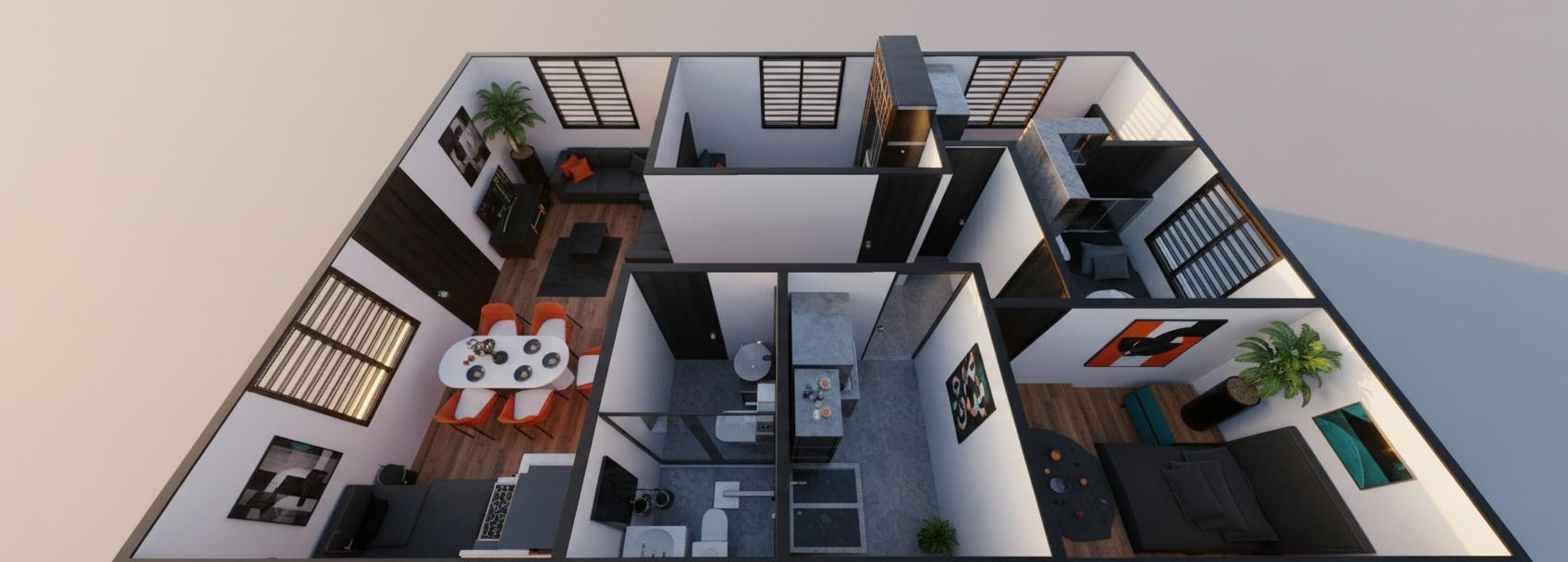 An incredibly lifelike, richly detailed, photorealistic floorplan photo of a modern fusion home interior, bathed in the warm, soft light of a summer sunrise. The scene is illuminated by the gentle glow of dawn, creating a serene and inviting atmosphere. Captured with a wide-angle lens, perhaps from a bird's-eye perspective giving a sense of expansive, open-concept living, it emphasizes the sleek, urban, and clean design. The color palette features shades of black, white, and vibrant accents that punctuate the space, creating a bold and dynamic aesthetic. Metallic and wooden elements are artfully integrated, offering a contemporary, modular, and geometric feel throughout the residence. Smooth surfaces define the contemporary construction, with minimal yet impactful decor that hints at an industrial inspiration. Abstract wall art adorns some of the clean, bold walls, while lush greenery, possibly peeking through windows or in strategically placed planters, adds a touch of organic warmth. The composition skillfully reveals the flow between living, dining, kitchen, and bedroom areas, highlighting the thoughtful layout and the overall contemporary and geometric design of the home. The detailed textures of the wooden floors, the metallic finishes of the kitchen appliances, and the soft materials of the furniture are all rendered with exquisite realism, making you feel