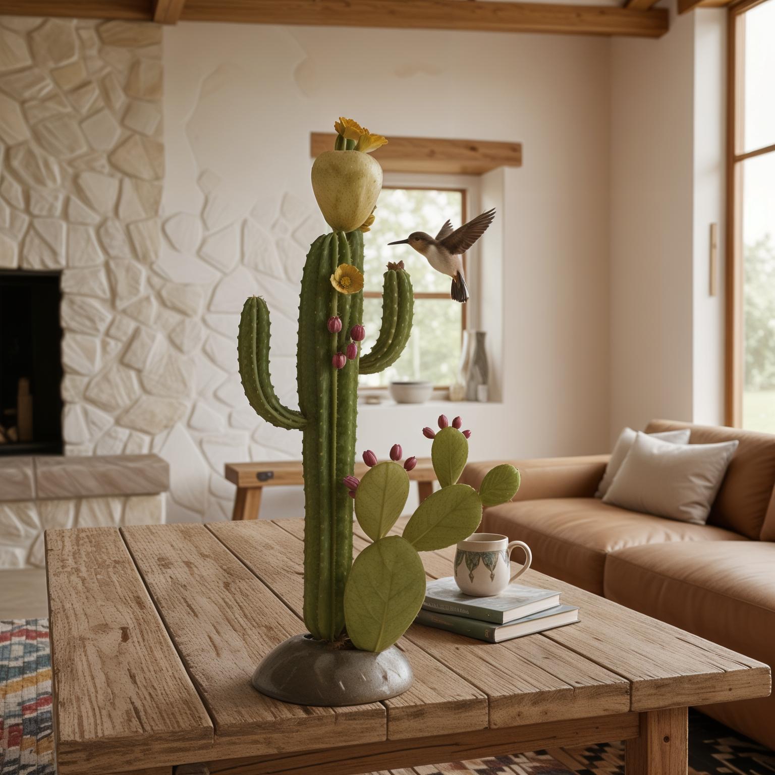 An incredibly lifelike, richly detailed, photorealistic lifestyle shot of a freestanding hummingbird and nopal centerpiece placed on a reclaimed-wood coffee table in a rustic living room. The scene is illuminated by soft natural afternoon window light, creating a warm and inviting atmosphere. Captured with a 50 mm lens, the composition is centered and in crisp focus at eye-level, emphasizing the textures of the wood grain, the sculpted resin centerpiece, and the subtly blurred background. The centerpiece, approximately 28 inches tall, features a detailed ribbed column cactus adorned with soft yellow flowers and oval pads bearing hot-pink fruits, with a green hummingbird, its magenta wingtips detailed, hovering near a bloom. For scale, a ceramic mug and a stacked 9x12 inch hardcover book rest beside the sculpture on the table. In the background, a warm white plaster wall with a subtle wood beam detail is visible, softened by the gentle shadows cast by the tabletop and back-panel. A hint of a leather and linen sofa, a woven rug, and the suggestion of an outdoor view through a softly blurred window complete the uncluttered, vintage interior design aesthetic, drawing inspiration from trending Pinterest styles.