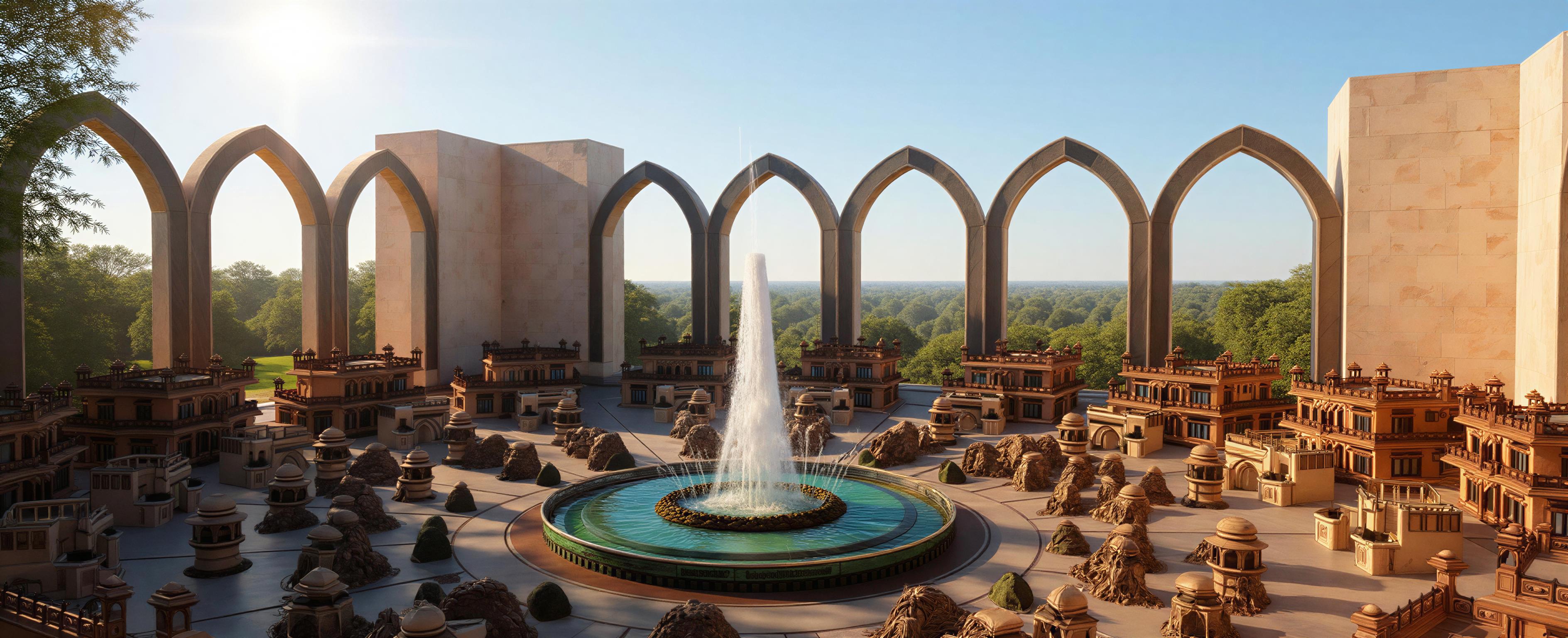 The photo captures a breathtaking outdoor courtyard reminiscent of the Albert Hall Museum in Jaipur, transformed into a vibrant exhibition space during a sunny summer midday. The focal point is a mesmerizing water fountain, its tiered design with cascading water jets elegantly positioned at the center, reflecting the bright sunlight in a dazzling display. The courtyard's layout features an assortment of intricate, vintage buildings and structures, constructed from a warm-toned sandstone, echoing the architectural style of the region. Tall, arched gateways frame the background, creating a sense of grandeur and depth, while individual buildings with ornate facades and detailed balconies are strategically arranged around the courtyard, hinting at the exhibition's layout. The ground is paved with a patterned stone, adding to the vintage feel, while strategically placed miniature trees offer some natural elements. The composition and camera angle have a grand, slightly elevated view, allowing the viewer to fully appreciate the layout and potential of the open-air exhibition. This rendering perfectly encapsulates a day filled with architectural charm and cultural richness, set against a backdrop of the intense Indian sun, making it an ideal locale for a memorable exhibit.