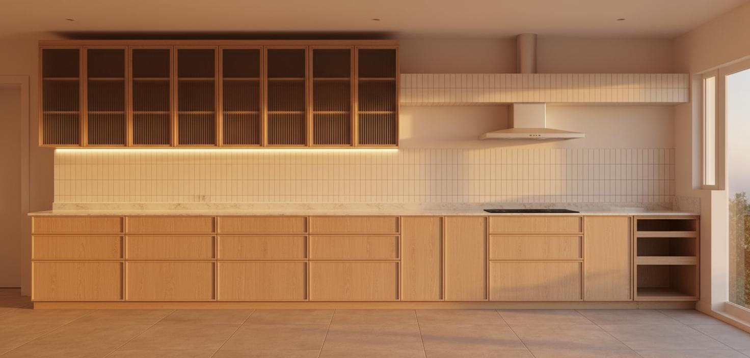 An incredibly lifelike, richly detailed, photorealistic floorplan photo of a kitchen designed with a blend of vintage and modern aesthetics, bathed in the warm, golden hues of a summer sunset, creating an inviting atmosphere. The scene is illuminated by warm, indirect artificial lighting, accentuating the textures of the off-white marble countertop and the light wood of the lower cabinetry, which features clean lines and multiple drawers. Above the countertop, a backsplash of delicate, pale ceramic tiles stretches across the length of the kitchen. The upper cabinetry is a striking feature, composed of light wood with fluted glass panels, adding a touch of vintage charm and diffusing the warm light. A metallic off-white pipe is subtly visible between the sleek extractor hood and the ceramic cooktop, integrating seamlessly with the design. The overall impression is one of clean, sun-kissed elegance, with a practical yet stylish layout, trending as a popular interior design on Pinterest. The sandy-colored floor beneath grounds the scene, completing the tranquil and warm ambiance.