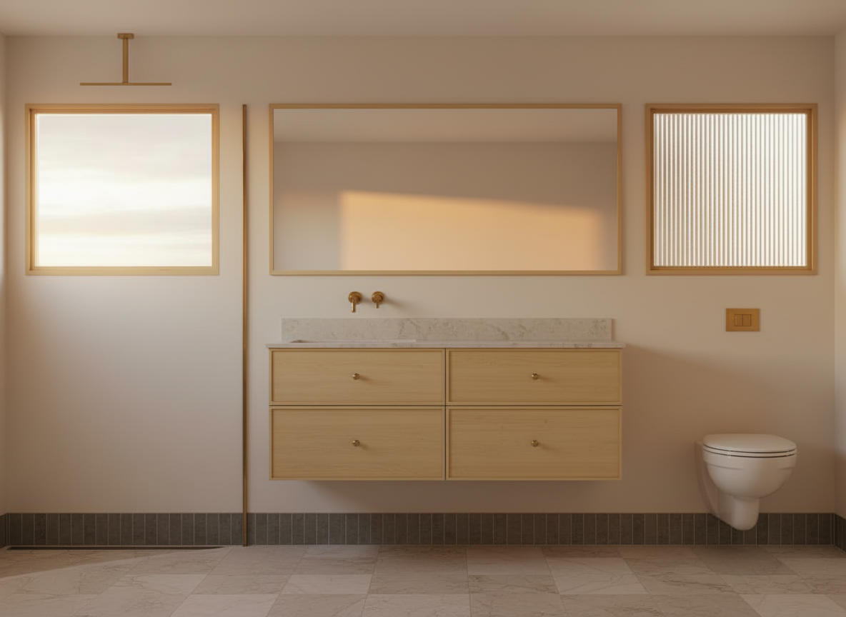 An incredibly lifelike, richly detailed, photorealistic floorplan photo of a bathroom set in a vintage interior design. The scene is illuminated by the warm, golden light of a summer sunset, creating a serene and inviting atmosphere. Captured with a wide-angle lens, emphasizing the clean lines and ample space, the photograph showcases off-white tiled walls and a pale marble countertop atop a light yellow wooden vanity with four drawers. To the left, a square window allows the soft sunset glow to enter, while a large central mirror reflects the diffused light. To the right, a textured glass door with a wooden frame adds a touch of vintage charm, and a classic white toilet completes the functional yet stylish arrangement. A dark tile baseboard grounds the composition, and the textured floor hints at a sophisticated, timeless aesthetic, perfectly trending on Pinterest for its understated elegance.