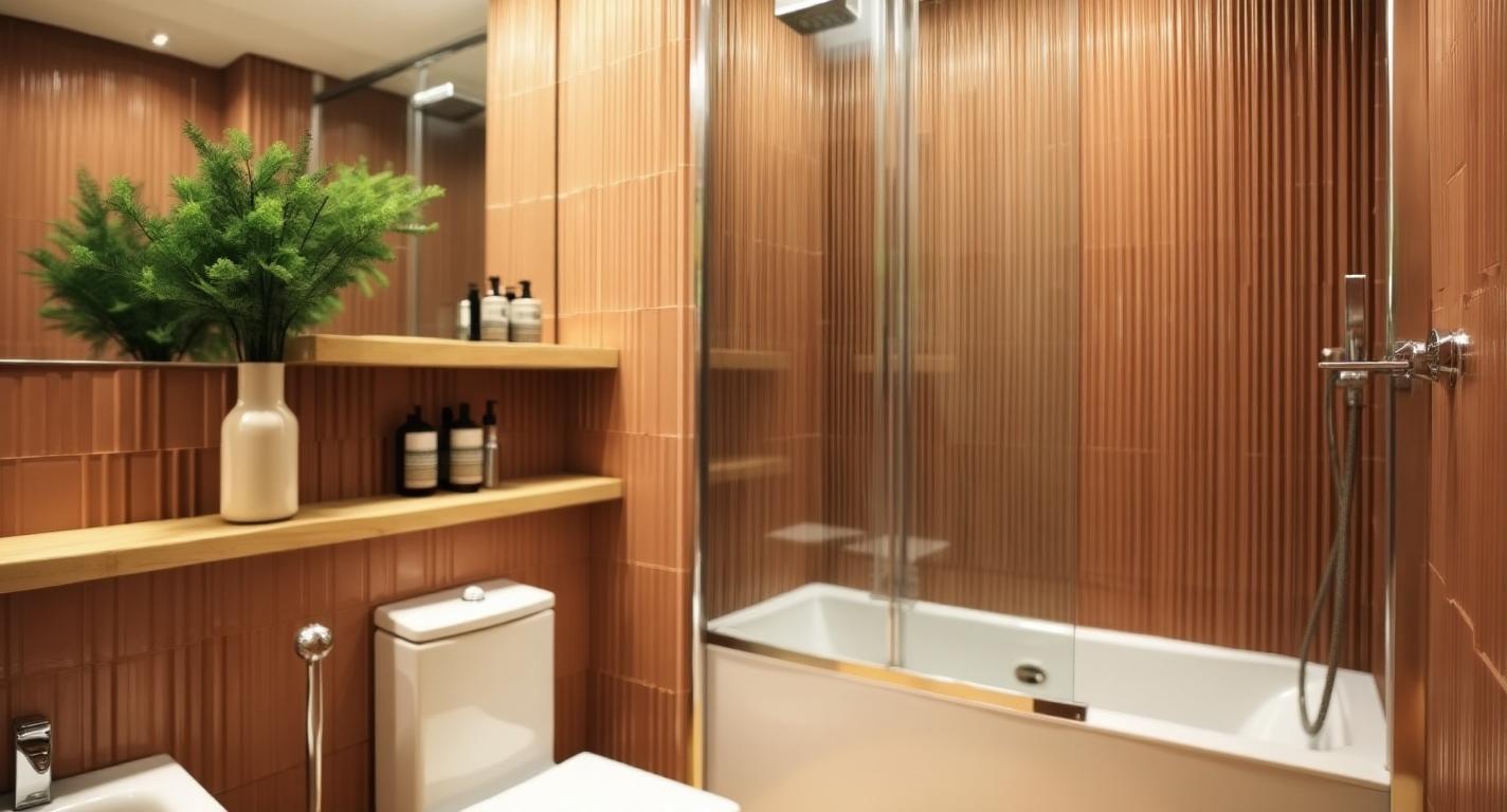 The photo presents a modern bathroom interior, trending on Pinterest, exuding a vintage-inspired aesthetic. The scene is bathed in soft, diffused lighting, highlighting the textures and materials. The walls feature vertical, narrow ceramic tiles in warm, earthy tones, creating a sense of depth and timelessness. A large mirror reflects the space, framed by a natural wood shelf adorned with toiletries and a vase with lush greenery, adding a touch of organic freshness. A minimalist shower enclosure with a glass door is set off, featuring sleek chrome fixtures. The toilet and bidet are cleanly designed, contributing to the uncluttered, modern feeling. The overall composition suggests a serene and inviting space, perfect for relaxation.
