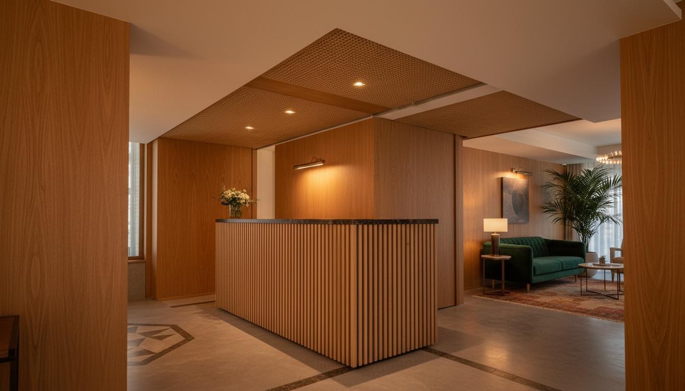 An incredibly lifelike, richly detailed, photorealistic interior photo of a hotel lobby set in a vintage ambiance. The scene is illuminated by soft, warm ambient lighting, creating a welcoming and nostalgic atmosphere. Captured with a wide-angle lens, emphasizing the interplay of textures and materials that define the vintage interior design, it's an image that would be trending on Pinterest. The focal point is a striking reception desk adorned with vertical, light-colored slats, possibly wood or painted metal, which contrast with the dark, sleek countertop. Behind the desk, the walls are covered in a warm, textured wood paneling, adding to the vintage feel. Overhead, a distinctive rattan ceiling adds a layer of organic texture and depth, hinting at a connection to natural materials. The composition draws the eye across the space, suggesting a grand yet intimate lobby, with clean lines and deliberate material choices that speak to a bygone era now reinterpreted for contemporary comfort and style.