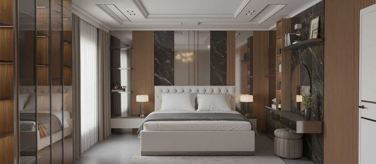 An incredibly lifelike, richly detailed, photorealistic interior photo of a bedroom set in a refined, modern home. The scene is illuminated by soft, ambient lighting from recessed ceiling fixtures and elegant bedside lamps, creating a tranquil and luxurious atmosphere. Captured with a wide-angle lens, emphasizing the spaciousness and the harmonious interplay of textures and finishes, this shot highlights the plush, tufted white headboard of the king-sized bed, dressed in crisp white linens and a sophisticated grey duvet. The wall behind the bed is a striking composition of dark, veined marble interspersed with vertical wooden slats and a central metallic panel, exuding opulence. To the left, floor-to-ceiling wardrobes with rich wood paneling and glass shelves flank the space, complemented by floor-to-ceiling drapes in a neutral tone. On the right, a sleek vanity area features a floating shelf with decorative items, a large round mirror, and a chic pouf, all rendered with meticulous attention to detail, showcasing the elegant, contemporary design and the impeccable craftsmanship. The polished grey floor adds a touch of modern sophistication to the overall ambiance.