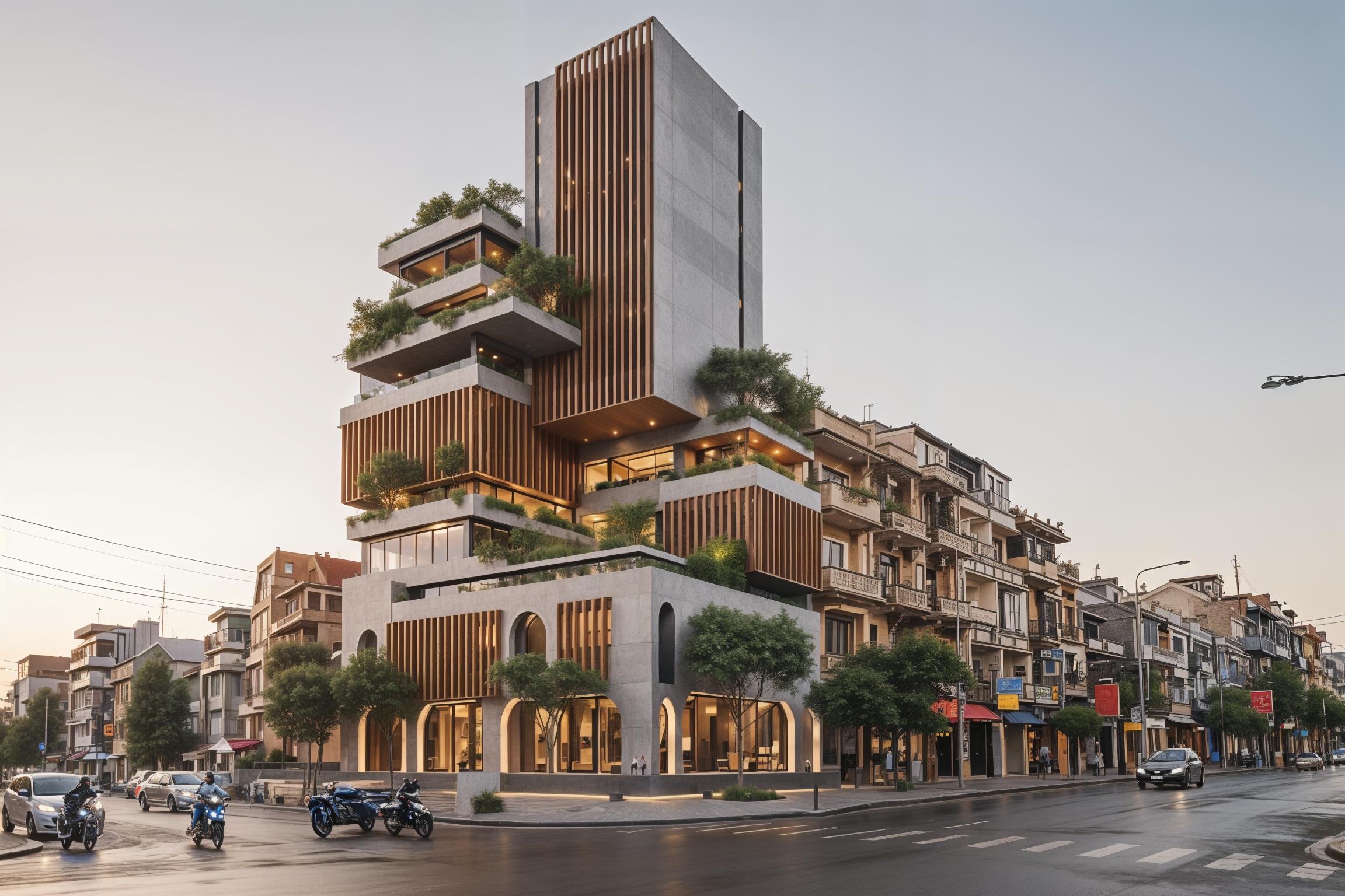 An incredibly lifelike, richly detailed, photorealistic architectural photo of a modern building integrated into a vibrant urban streetscape. The scene is illuminated by the soft, diffused light of a winter sunset, creating a serene, slightly melancholic atmosphere as the warm glow softens the glare and casts subtle shadows. Captured with a wide-angle lens, the perspective emphasizes the building's unique tiered design, with its façade clad in warm, deeply toned wooden louvers contrasting with rough, exposed concrete textured with a subtle aggregate. Lush greenery spills from numerous terraces, creating pockets of vibrant life against the muted urban backdrop, their integrated potted plants emitting a soft, inviting glow. The main structure rises elegantly, a testament to contemporary design, while its base features arched openings revealing glimpses of an interior illuminated by warm artificial light. Surrounding the building, a row of older, more traditional shophouses with ornate balconies and colorful facades recede down the street, their details softened by a gentle haze, evoking a sense of layered history and a bustling, lived-in environment. The street in the foreground is damp, reflecting the muted twilight, with hints of activity – a few blurred vehicles and pedestrians – suggesting the city continues its ebb and flow. The overall impression is one of harmonious coexistence between modern innovation and