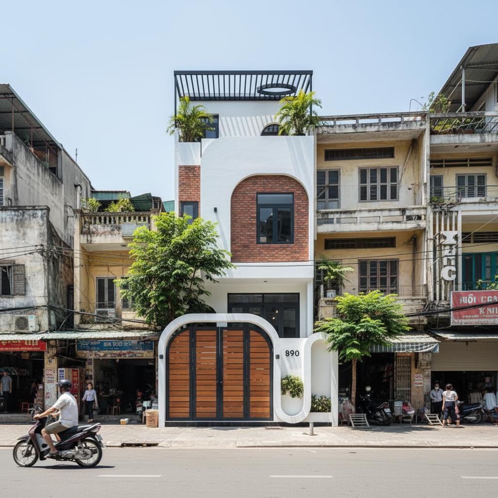 An incredibly lifelike, richly detailed, photorealistic architectural photo of a slender, modern house facade nestled within a row of older buildings, set in a bustling urban environment. The scene is illuminated by bright midday summer sun, casting sharp shadows and creating a vibrant, slightly weathered atmosphere. Captured with a wide-angle lens, emphasizing the verticality of the new structure against its variegated surroundings, and highlighting the contrast in materials and architectural styles. Lush green trees partially obscure the view, adding a touch of organic softness to the otherwise rectilinear forms. The building itself is a study in contrasts: a clean, white stucco exterior punctuated by a prominent arched brickwork section housing windows and accented with dark, rectangular frames. This modern intervention stands apart from its neighbors, featuring a contemporary metal-slatted gate finished in warm wood tones, embraced by flowing white curved elements that echo the arched brickwork. The rooftop is adorned with a black slatted canopy, providing shade and a modern finishing touch, with potted plants adding a splash of greenery. The photo composition draws the eye to the new building, its sharp lines and contemporary design a deliberate counterpoint to the faded, eclectic facades of its neighbors, suggesting a dynamic interplay between old and new in the urban fabric. The overall impression is one of bold revitalization