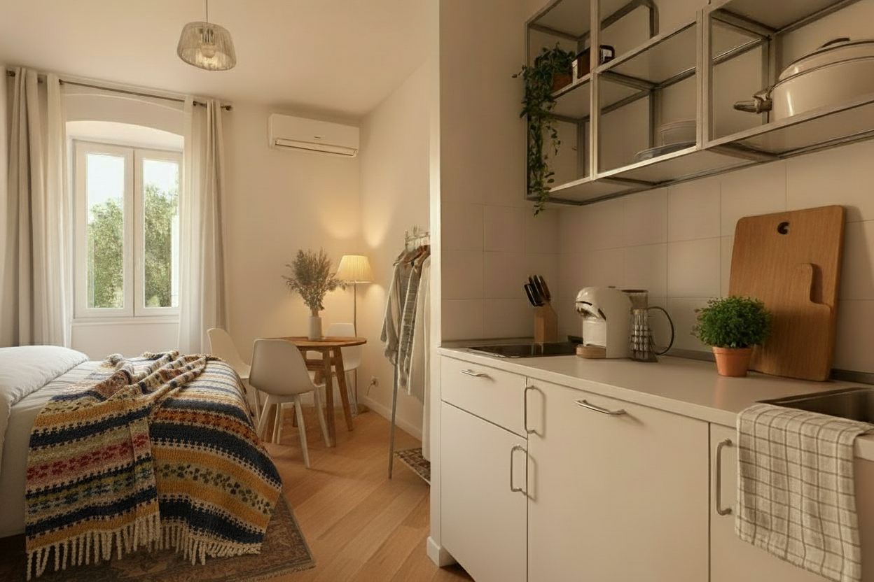 An incredibly lifelike, richly detailed, interior photo of a cozy living room set in a charming, slightly bohemian apartment. The scene is illuminated by the soft glow of late afternoon sun filtering through a large window, creating a warm and inviting atmosphere. Captured with a wide-angle lens, emphasizing the warm, layered textures characteristic of shabby chic interior design. Imagine plush, slightly faded linen upholstery on a comfortable sofa adorned with an array of mismatched, embroidered throw pillows in muted earth tones and soft pastels. A vintage wooden coffee table, distressed to perfection, sits centrally, showcasing a curated collection of antique books and a delicate ceramic vase filled with wildflowers. The walls are painted a soft, creamy white, providing a backdrop for a collection of framed botanical prints and a gracefully aged, ornate mirror. The flooring is a light, distressed hardwood, softened by a well-loved, hand-knotted rug with a subtle Persian pattern. Subtle ambient lighting emanates from a vintage floor lamp with a fringed shade and a delicate wrought-iron chandelier overhead, casting a gentle, diffused light that enhances the room's romantic and lived-in feel. The overall composition is asymmetrical and relaxed, with furniture pieces that appear collected over time, each with its own story. A hint of the outside world