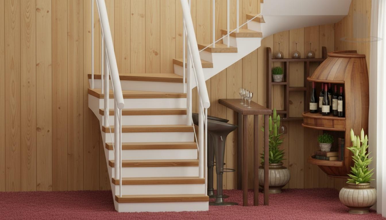 An incredibly lifelike, richly detailed, photorealistic interior photo of a cozy living room set in a relaxed, slightly vintage home. The scene is illuminated by soft midday light streaming in from an unseen window, creating a warm and inviting atmosphere. Captured with a moderate, eye-level wide-angle lens, emphasizing the warm, wood-paneled walls with subtle vertical lines and the plush, slightly textured crimson carpet that dominates the foreground. The composition draws the eye towards a prominent, white-railed staircase to the left, its wooden treads showing a gentle sheen under the light, casting soft shadows on the risers. To the right, a stylish bar area features a slender countertop with wine glasses arranged neatly, accompanied by sleek, dark bar stools. Further right, a unique, barrel-shaped wine rack, crafted from rich, textured wood, holds an array of bottles, with decorative items and plants in wire-fronted planters adding a touch of personality. This shabby chic interior design, trending on Pinterest, masterfully blends comfort with understated elegance, perfect for a casual gathering or a quiet evening in.
