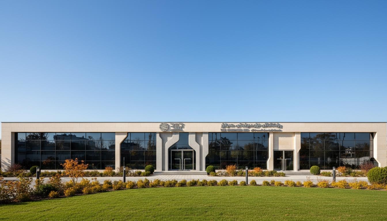 An incredibly lifelike, richly detailed, photorealistic architectural photo of a modern low-rise building with a prominent glass facade, set against a clear, bright blue sky on a crisp autumn midday. The building's exterior is characterized by a long, horizontal expanse of dark-paned windows segmented by thin black mullions, interspersed with cream-colored stone-like panels. The central section features a set of double glass doors, framed by elegant, curving concrete or stone pillars that add a subtle softness to the otherwise rectilinear design. Above the entrance, a sleek logo and multi-lingual text are subtly integrated into the facade, hinting at a commercial or institutional purpose. The lighting is even and bright, typical of midday, casting minimal shadows and emphasizing the clean lines and smooth textures of the materials. The surrounding area, though mostly ground and sky, suggests an outdoor garden setting through its spacious, uncluttered appearance and hints of landscaping at the building's base. The overall atmosphere is one of understated modernity and efficiency, with a touch of vintage elegance in the smooth, rounded architectural elements. Captured with a wide-angle lens, emphasizing the horizontal expanse and the building's integration into its environment.