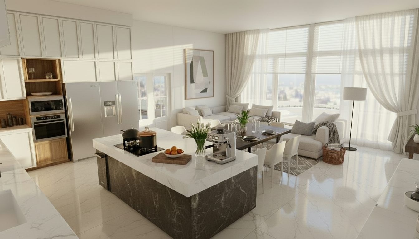 An incredibly lifelike, richly detailed, photorealistic interior photo of a vintage kitchen and living area set on a sunny afternoon. The scene is illuminated by abundant natural light streaming through floor-to-ceiling windows, creating a warm and inviting atmosphere. Captured with a wide-angle lens, emphasizing the spaciousness and the blend of classic and modern elements. The floor is laid with dark, veined marble tiles, adding a touch of timeless elegance.

In the foreground, a sleek kitchen island with a dramatic dark marble base and a white, veined marble countertop anchors the space. A modern black stovetop with minimalist controls is integrated seamlessly, featuring a chic black pot and a brushed metal kettle, hinting at culinary preparations. Adjacent to the kitchen, a sophisticated dining area features a dark wood table surrounded by plush, white upholstered dining chairs.

The kitchen cabinetry is a striking feature, with tall, white, paneled cabinets reaching towards the ceiling, providing ample storage. Integrated stainless steel appliances, including a large double-door refrigerator with a water dispenser and a built-in microwave and oven stack, complement the clean aesthetic. Subtle wooden cabinetry elements add warmth and a touch of rustic charm, hinting at vintage influences.

Beyond the dining area, a generous L-shaped sectional sofa upholstered