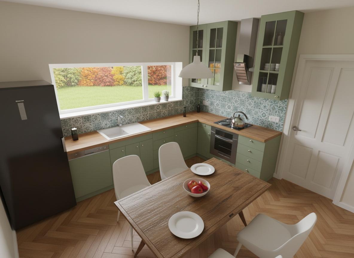 An incredibly lifelike, richly detailed, photorealistic interior photo of a vintage-style kitchen set in an autumn atmosphere. The scene is illuminated by soft midday light filtering through a large window, creating a warm and inviting mood, reminiscent of a popular Pinterest feature. Captured with a wide-angle lens, emphasizing the interplay of light on the patterned tile backsplash and the natural wood of the countertops and dining table. The dominant color palette of sage green cabinetry, natural wood tones, and cool blue and white tile creates a charmingly retro feel. A sleek black refrigerator contrasts with the vintage elements, offering a modernized touch. The view outside the panoramic window reveals a lush lawn and subtly colored autumn foliage, hinting at the serene environment surrounding the home. In the foreground, a rustic wooden dining table is set with a simple white plate and a bowl of vibrant red apples, inviting a sense of domestic tranquility. The warm herringbone wood flooring adds another layer of texture and depth.