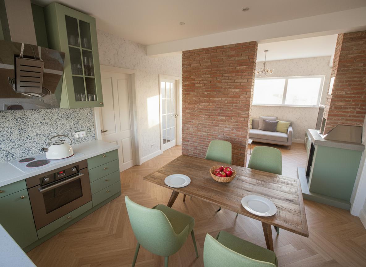 An incredibly lifelike, richly detailed, photorealistic interior photo of a vintage kitchen and dining area set in a cozy home during midday in autumn. The scene is illuminated by a soft, natural light, creating a warm and inviting atmosphere. Captured with a wide-angle lens, emphasizing the rich textures of the light wood herringbone flooring, the rustic exposed brick accent wall dividing the spaces, and the subtly patterned wallpaper. The kitchen features sage green cabinetry with glass-fronted upper units, a classic white kettle on the induction hob, and a charming blue and white patterned backsplash. Adjacent to the kitchen, a rustic wooden dining table is set with simple white plates and a bowl of red apples, surrounded by sleek, light green upholstered chairs. Beyond the brick partition, a glimpse of a living area reveals a comfortable-looking sofa and a modern fireplace mantle, all suggesting a lived-in and stylish vintage interior design, trending on Pinterest.