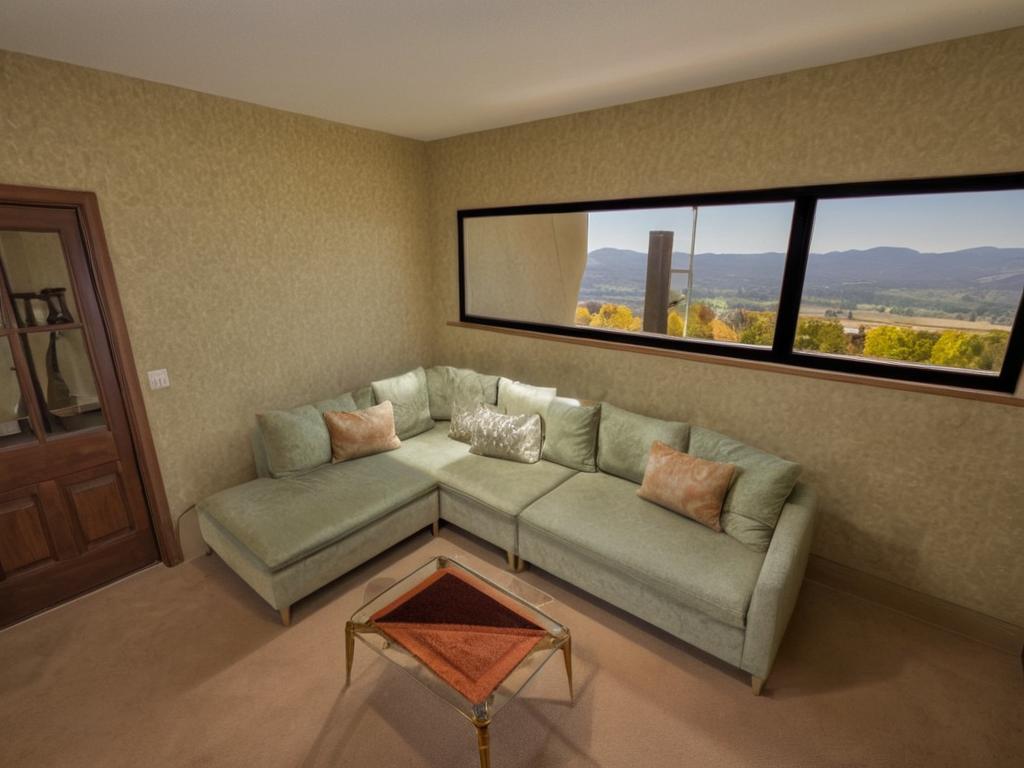 An incredibly lifelike, richly detailed, photorealistic interior photo of a vintage living room set in a contemporary home with large windows overlooking an autumn landscape. The scene is illuminated by soft, diffused midday light, creating a warm and inviting atmosphere. Captured with a wide-angle lens, emphasizing rich textures and the play of shadow and light. The original design, while functional, feels slightly dated with its neutral wall color and somewhat sterile sofa.

In this reimagined vision, the living room embraces a refined vintage aesthetic, trending on Pinterest. The walls are now painted a deep, sophisticated sage green, reminiscent of aged tapestries, providing a richer backdrop. The existing L-shaped sectional is reupholstered in a luxurious, textured chenille or boucle fabric in a muted terracotta or deep ochre, adding a touch of warmth and tactile depth. The simple glass-topped coffee table is replaced with a striking vintage walnut or mahogany piece, perhaps a campaign-style nesting set or a chess table with inlaid wood, injecting a sense of history and craftsmanship.

The large horizontal window remains, but instead of a simple black frame, envision a dark, wrought-iron or aged bronze frame that complements the vintage style. The view outside is a vibrant, sun-drenched autumn afternoon: