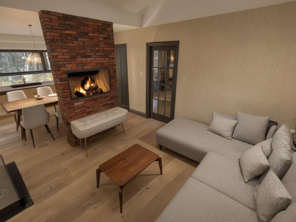 An incredibly lifelike, richly detailed, photorealistic interior photo of a vintage living and dining area set in a cozy home during an autumn midday. The scene is illuminated by a soft, diffuse natural light, creating a warm and inviting atmosphere. Captured with a wide-angle lens, emphasizing the seamless transition between the dining nook and the plush, sectional sofa, the viewpoint offers a comprehensive look at the harmonious blend of vintage and modern elements. The focal point of the living area is a striking brick partition, textured to perfection, which elegantly houses a flat-screen television displaying a classic film still. Below it, a sleek white media console provides a contemporary contrast. To the left, a warm-toned wooden dining table is set with simple plates and a bowl of fruit, surrounded by elegantly upholstered chairs with subtly patterned fabric. The dining area is framed by a large window showcasing a muted, wintry landscape, enhancing the autumnal ambiance. The walls are a soft, neutral tone, complemented by the light, honey-hued distressed wood flooring that stretches throughout the space. The overall impression is one of refined comfort and timeless style, trending on Pinterest for its aspirational vintage interior design.