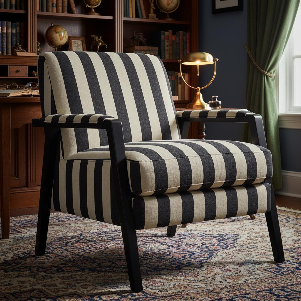 An incredibly lifelike, richly detailed, photorealistic studio shot of a vintage armchair in a study room setting. The scene is illuminated by soft, directional lighting, creating subtle shadows that highlight the armchair's form and the textural richness of its upholstery, evoking a quiet and contemplative atmosphere. Captured with a wide-angle lens at eye-level, emphasizing the armchair's presence and inviting comfort.

The armchair itself is a striking piece, upholstered in a bold, wide-striped pattern of black and cream. The stripes are thick and evenly spaced, creating a commanding visual presence that is both classic and modern. The fabric appears to be a high-quality textured weave, its subtle variations in light and shadow lending a tangible depth to the pattern. The armchair's frame and legs are finished in a deep, matte black, a sleek counterpoint to the dynamic upholstery. The arms are upholstered to match the seat and back, featuring the same striking stripe pattern.

The rendering details the subtle curves of the armchair's back and seat, suggesting a plush and comfortable interior. The legs are straight and slightly splayed, firmly grounding the piece. The overall impression is one of sophisticated vintage design, a statement piece that would anchor any well-appointed study. The implied context of a
