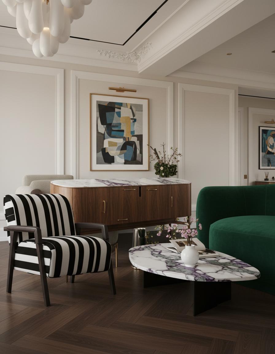 An incredibly lifelike, richly detailed, photorealistic interior photo of a living room set in a chic, elegant environment. The scene is illuminated by soft, diffused light from an unseen window and elegant ceiling fixtures, creating a warm and inviting atmosphere with subtle shadows that highlight the room's architectural details. Captured with a wide-angle lens, emphasizing the interplay of textures and shapes within the space. The walls showcase delicate ornate moldings and fluted paneling in a sophisticated neutral tone, hinting at a classic architectural style. Dominating the foreground is a striking armchair upholstered in bold black and white vertical stripes, its dark wooden frame a counterpoint to the lighter elements. Adjacent, a plush, curved sofa in a vibrant emerald green velvet adds a luxurious pop of color, inviting relaxation. A uniquely shaped coffee table with a stunning marble top, featuring swirling patterns of purples and greens, sits centrally, adorned with a book and a delicate ceramic vase. Behind it, a sleek, curved credenza with rich walnut wood cabinetry and a polished white marble top adds a touch of contemporary elegance. The herringbone-patterned wooden flooring beneath grounds the scene with its natural texture. Further in the background, a contemporary artwork hangs on the wall, adding a touch of modern flair to the otherwise classic and shabby