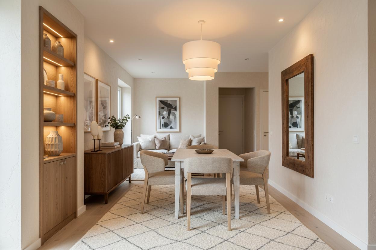 An incredibly lifelike, richly detailed, photorealistic interior photo of a living room set in a tastefully decorated, contemporary home. The scene is illuminated by warm, ambient lighting from a tiered drum pendant light and recessed ceiling lights, creating a cozy and inviting atmosphere. Captured with a wide-angle lens, emphasizing the spaciousness and clean lines of the shabby chic interior design, trending on Pinterest.

The focal point of the composition is a dining set featuring four elegant chairs with upholstered seats and backs in a neutral, textured fabric. The chairs, with their minimalist wooden frames, are arranged around a simple, modern dining table. A plush, light-colored rug beneath the table and chairs adds a layer of softness and defines the dining area. To the left of the dining set, a tall, built-in wooden cabinet showcases a curated collection of decorative vases and art pieces, with soft internal lighting highlighting their textures. Two framed artworks hang on the wall above a sleek, dark wooden credenza, further enhancing the sophisticated yet comfortable aesthetic.

The walls are finished in a subtle textured plaster, adding depth and character. A large, vertically oriented mirror with a dark wooden frame hangs on the right wall, its reflective surface subtly capturing the ambient light and enhancing the sense of space. Beyond the